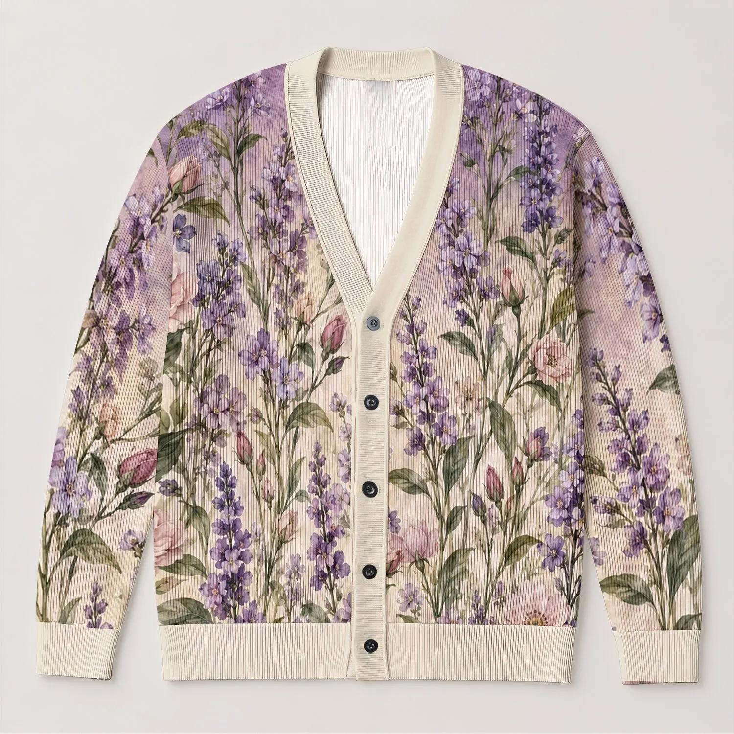 Watercolor Lavender and Blush Wildflowers for Cozy Everyday Spring Layering All-over Print Knitted Cardigan - 1