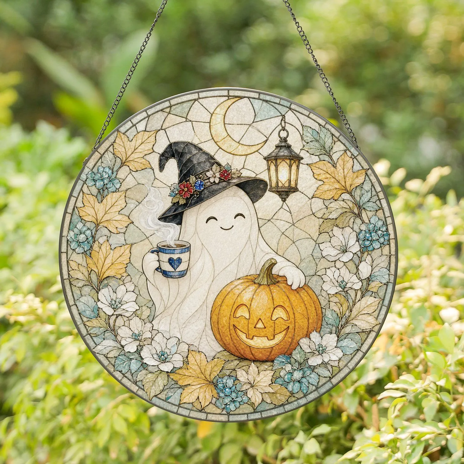 Charming Ghost Sipping Coffee On A Pumpkin Surrounded By Autumn Halloween Decor Stained Glass Suncatcher - 1