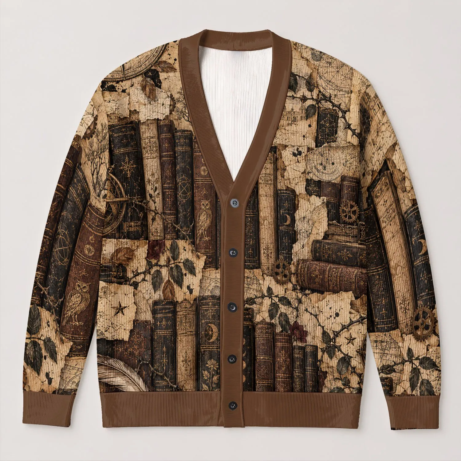 Antique Book Spines And Parchment For Dark Academia Study Days All-over Print Knitted Cardigan - 1