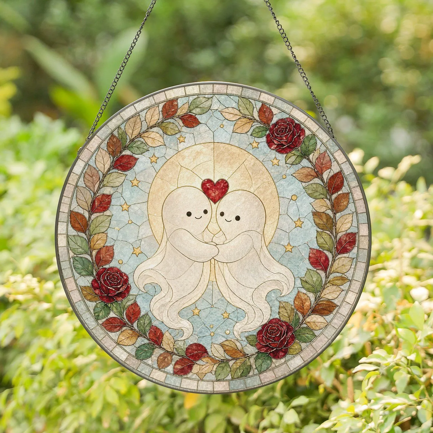 Loving Ghost Couple Embracing Beneath a Glowing Full Moon for Their First Halloween Stained Glass Suncatcher - 1