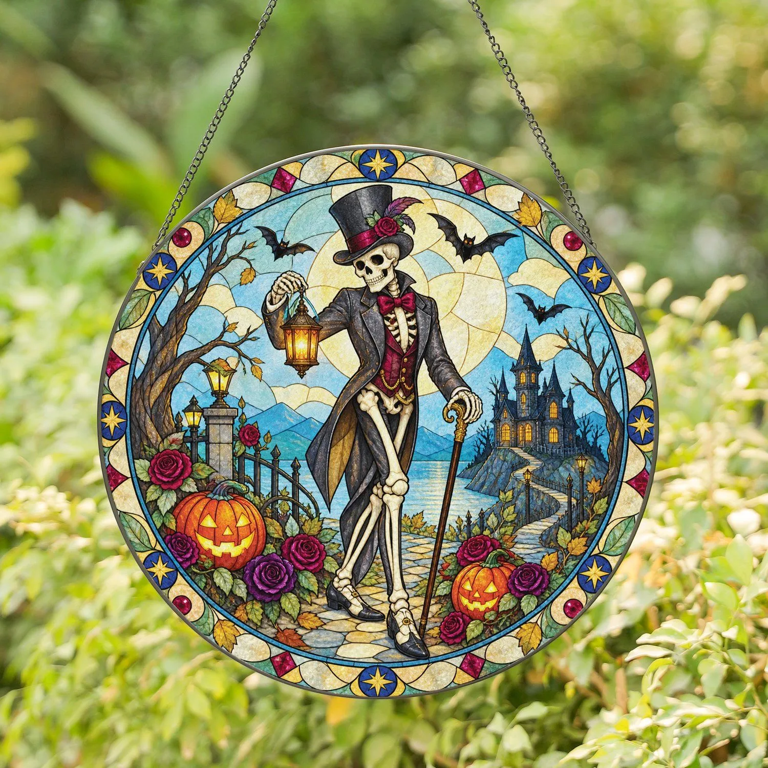 Skeleton Halloween Portrait for Spooky Seasonal Decor and Gothic Gift Giving Ideas Stained Glass Suncatcher - 1