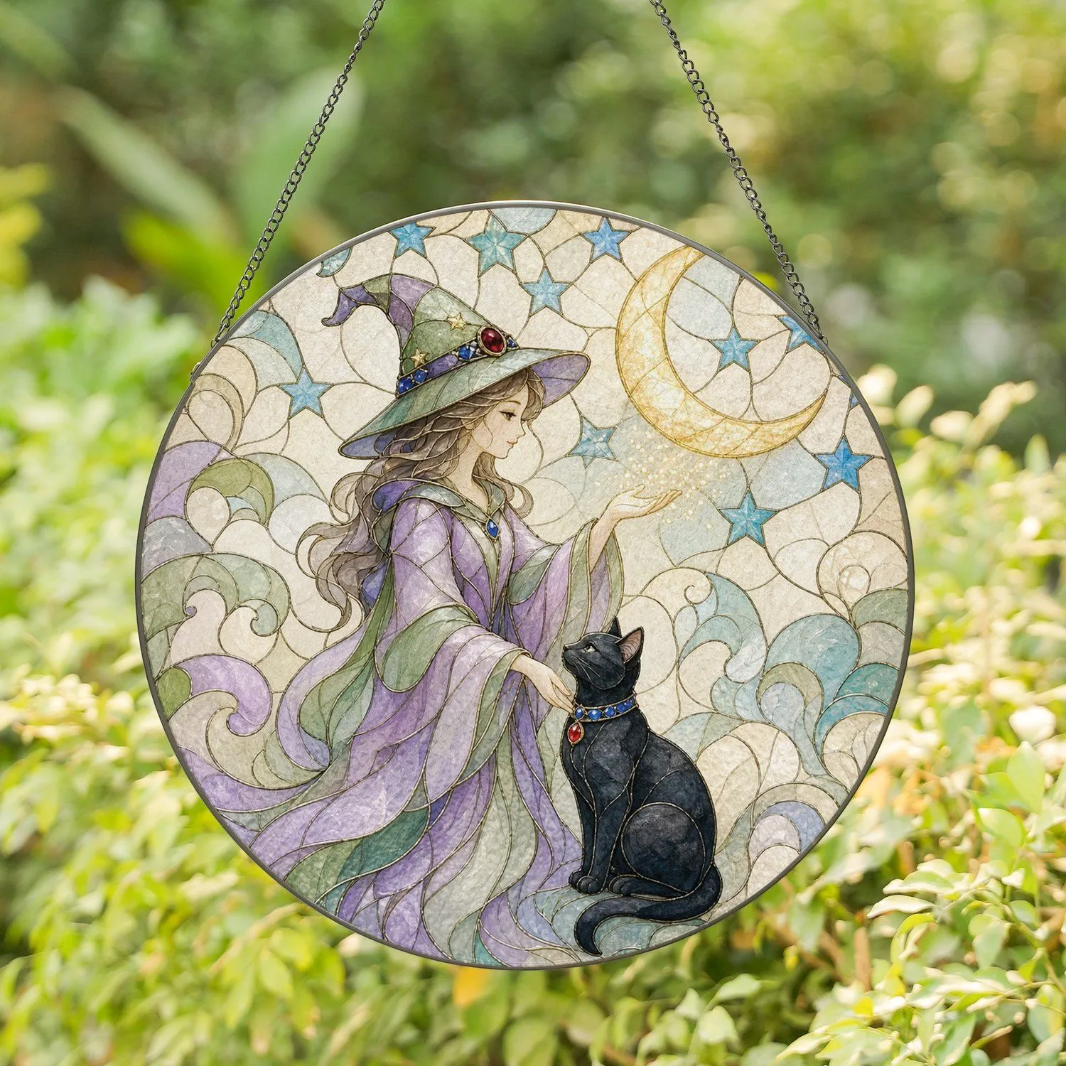 Graceful Witch And Playful Black Cat Under Crescent Moon For Halloween Seasonal Ambiance Stained Glass Suncatcher - 1