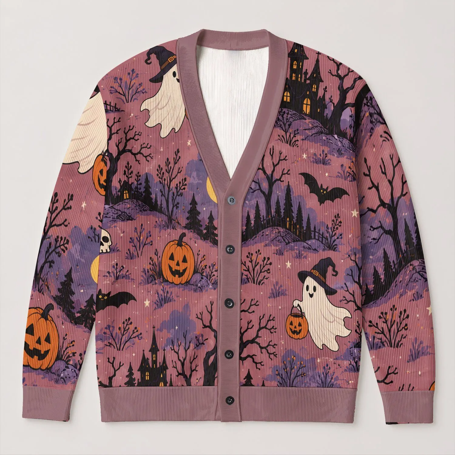 Halloween Ghosts, Bats, Pumpkins and Haunted Houses for Spooky October Evenings All-over Print Knitted Cardigan - 1