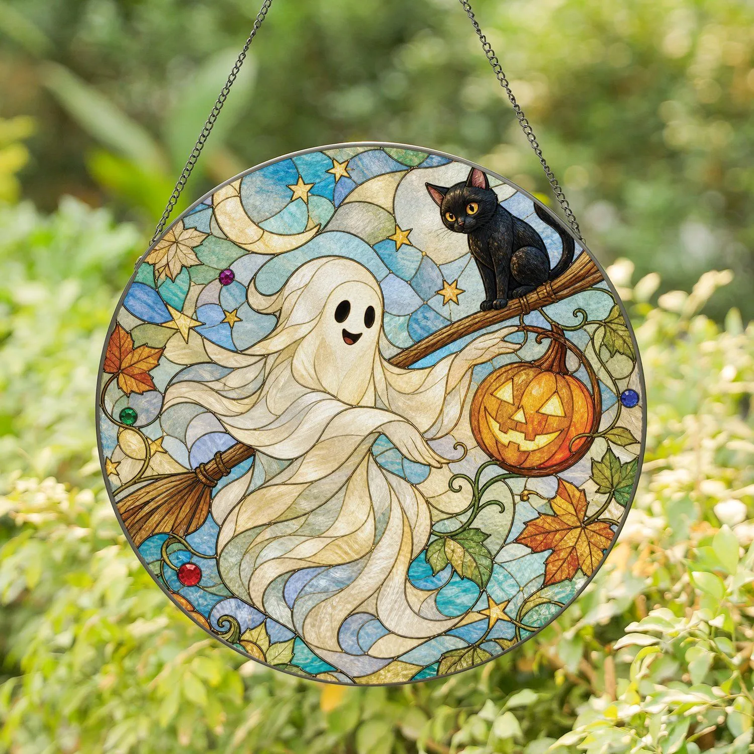 Ghost Cat Pumpkin Lantern Halloween Porch Charm for Spooky Autumn Home Decor Lovers Stained Glass Suncatcher - 1