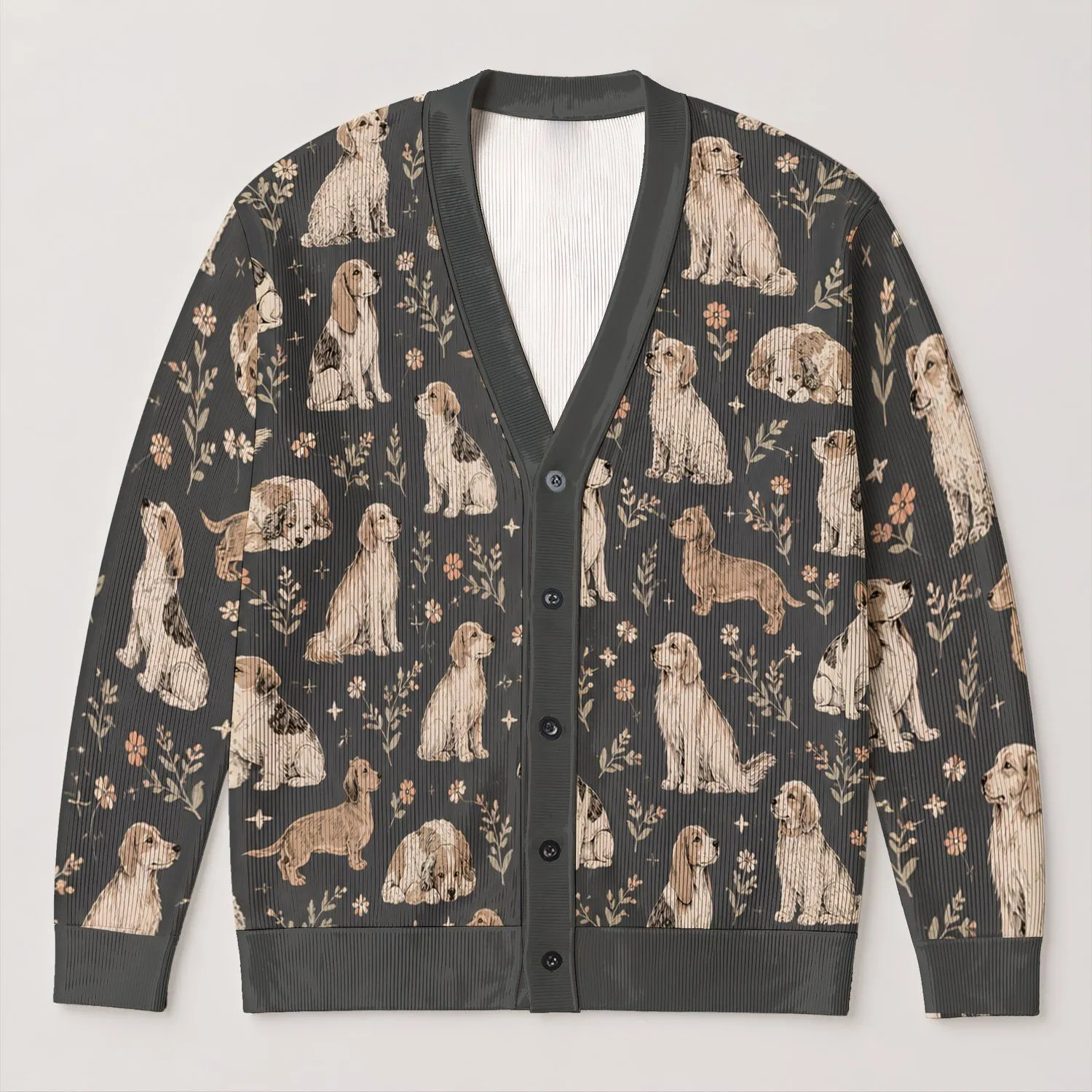 Doodle Dogs Beneath Autumn Stars for Cozy Everyday Layering and Dog Lover Outings All-over Print Knitted Cardigan - 1