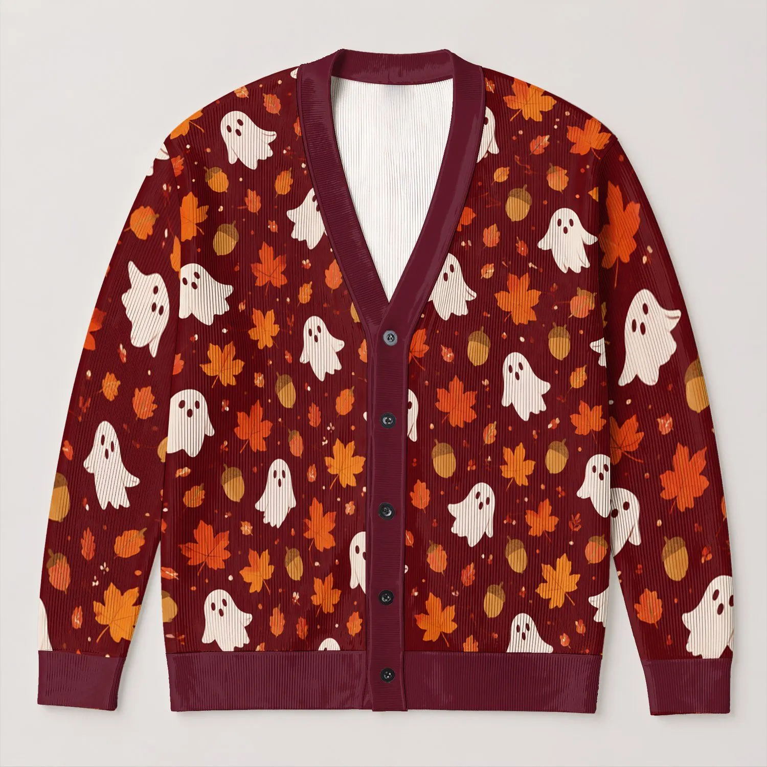 White Ghosts, Autumn Leaves and Acorns for Cozy Halloween Season Style All-over Print Knitted Cardigan - 1