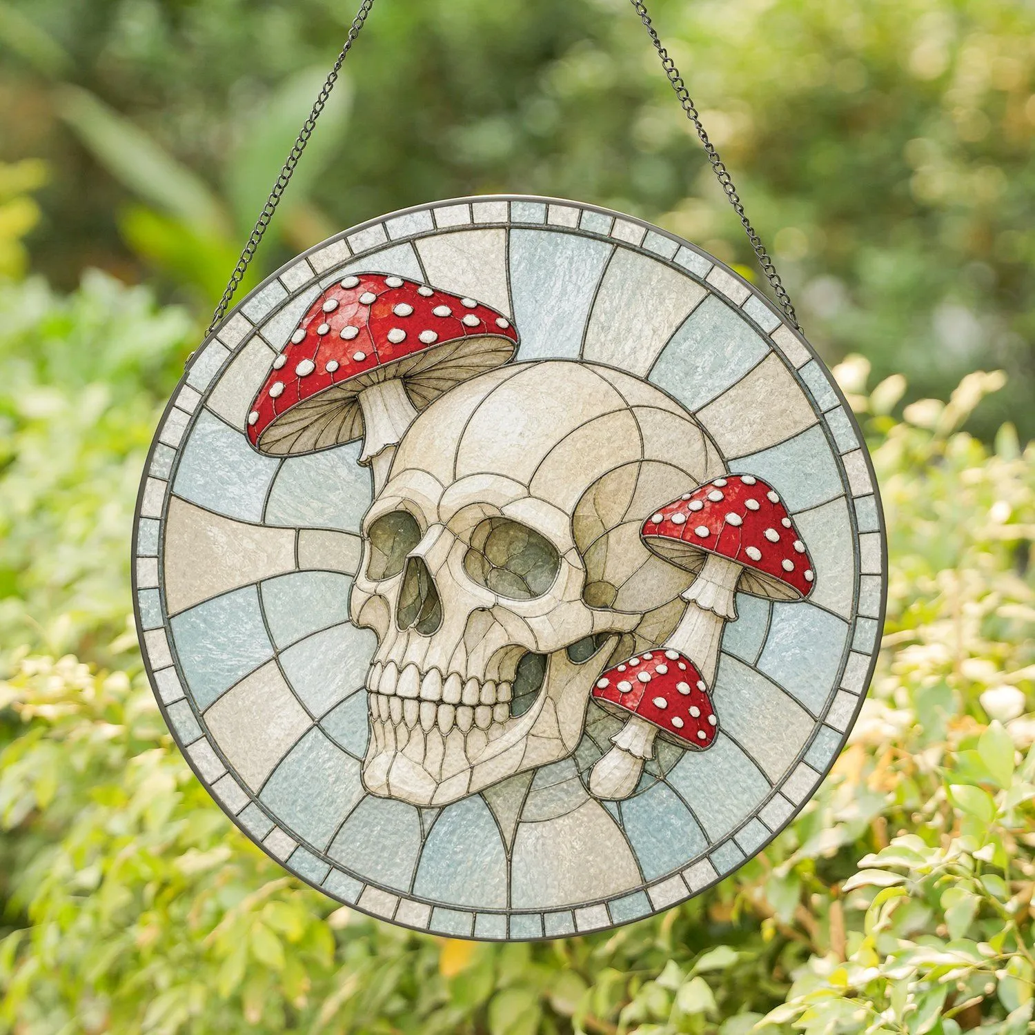 Elegant Skull and Amanita Mushroom Composition for Spooky Halloween Seasonal Decor Stained Glass Suncatcher - 1