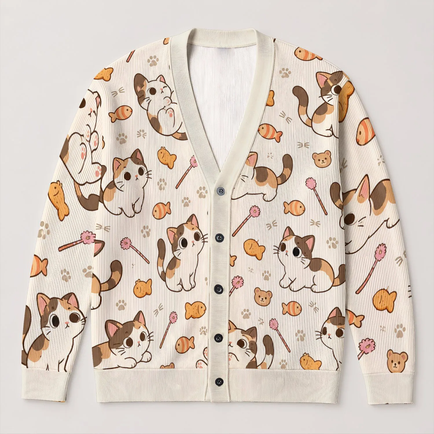 Playful Cartoon Cats and Orange Fish for Cozy Autumn Everyday Layering All-over Print Knitted Cardigan - 1
