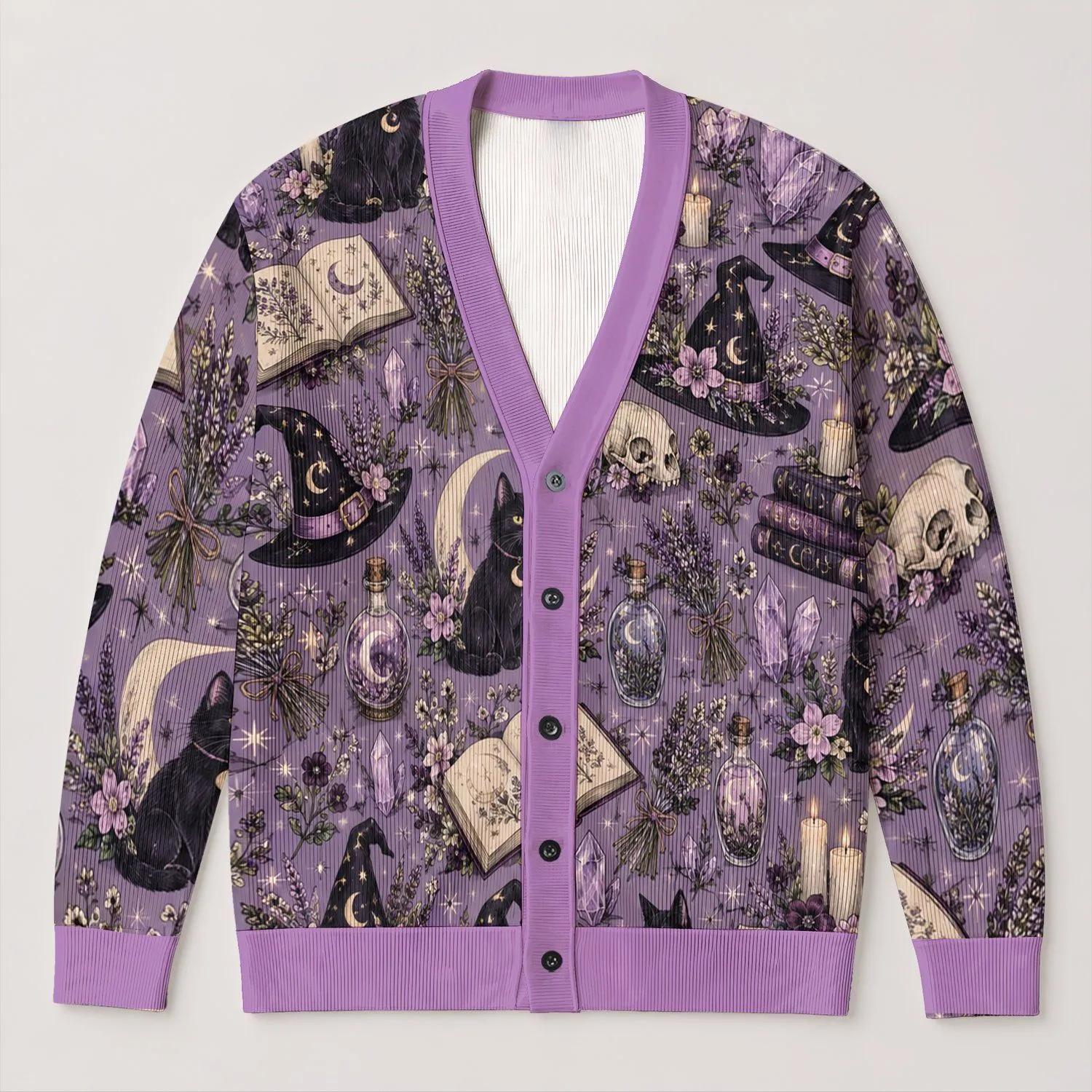 Witch Hat Black Cat Spellbook Motifs for Cozy Autumn Evenings and Everyday Layering All-over Print Knitted Cardigan - 1