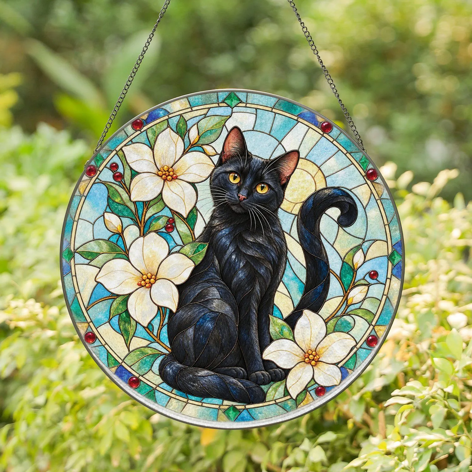 Black Cat Among White Blossoms, Serene Home Accent For Cat Lovers And Garden Decor Stained Glass Suncatcher - 1
