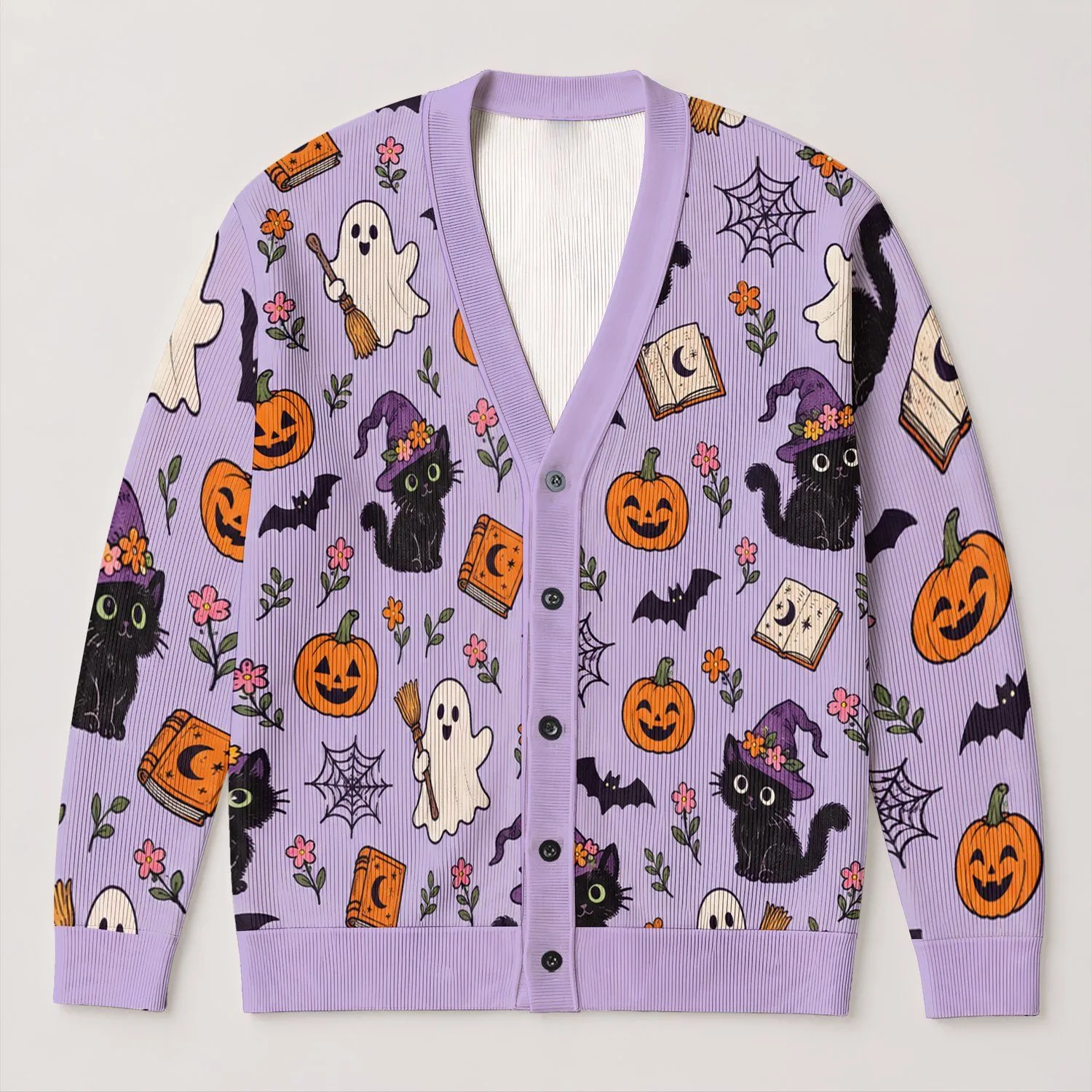 Playful Halloween Cats, Ghosts and Pumpkins for Cozy Autumn Celebrations All-over Print Knitted Cardigan - 1