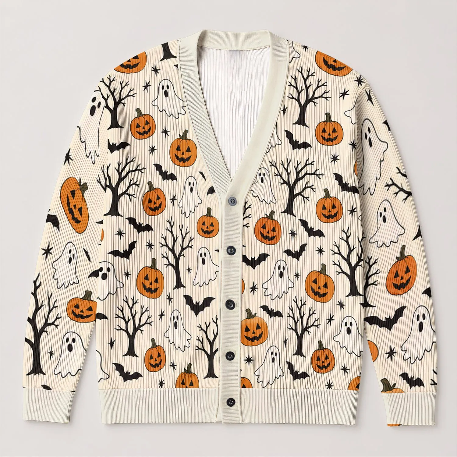 Ghosts, Bats and Jack-o’-Lanterns for Cozy Halloween Nights and Autumn Outings All-over Print Knitted Cardigan - 1