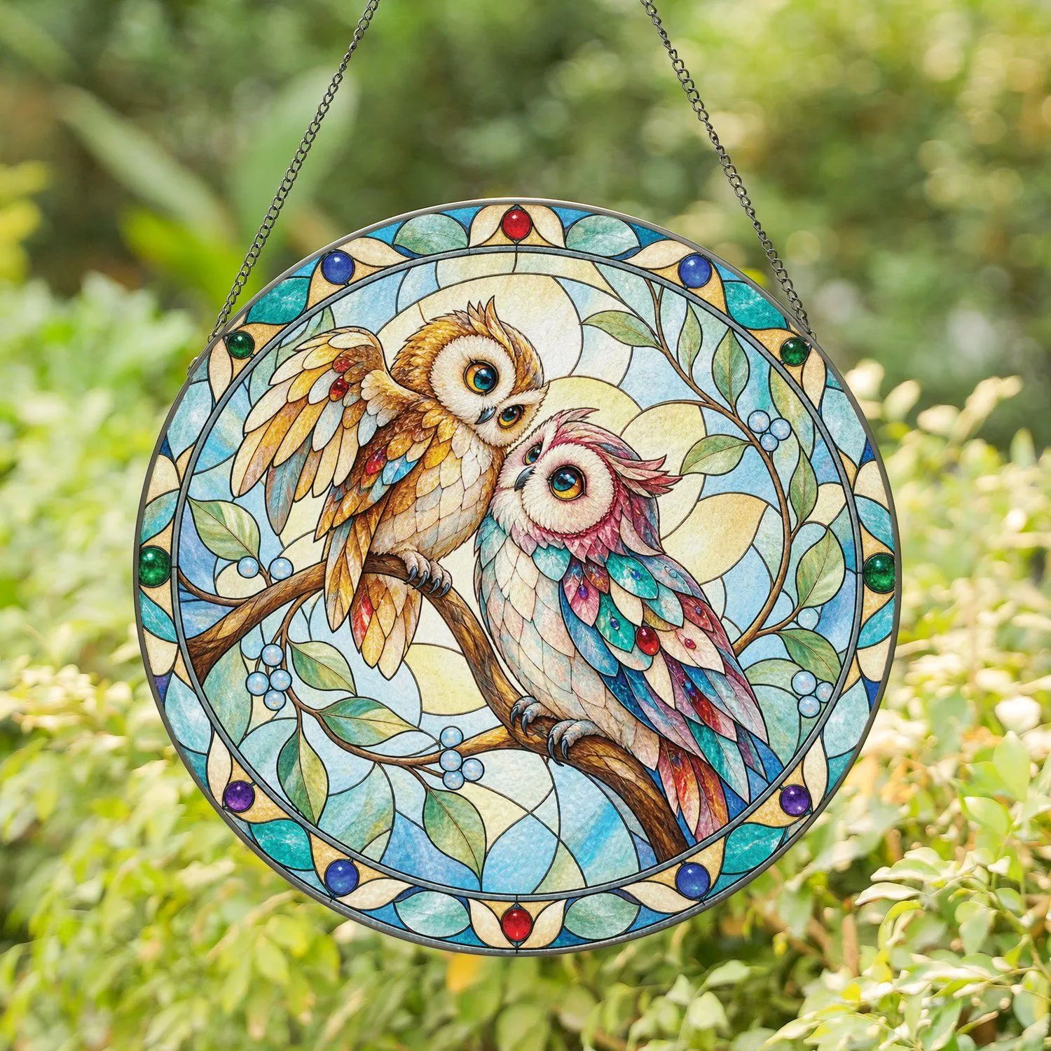 Two Whimsical Owls Sharing a Branch for Friendship Gifts and Cozy Boho Home Decor Stained Glass Suncatcher - 1
