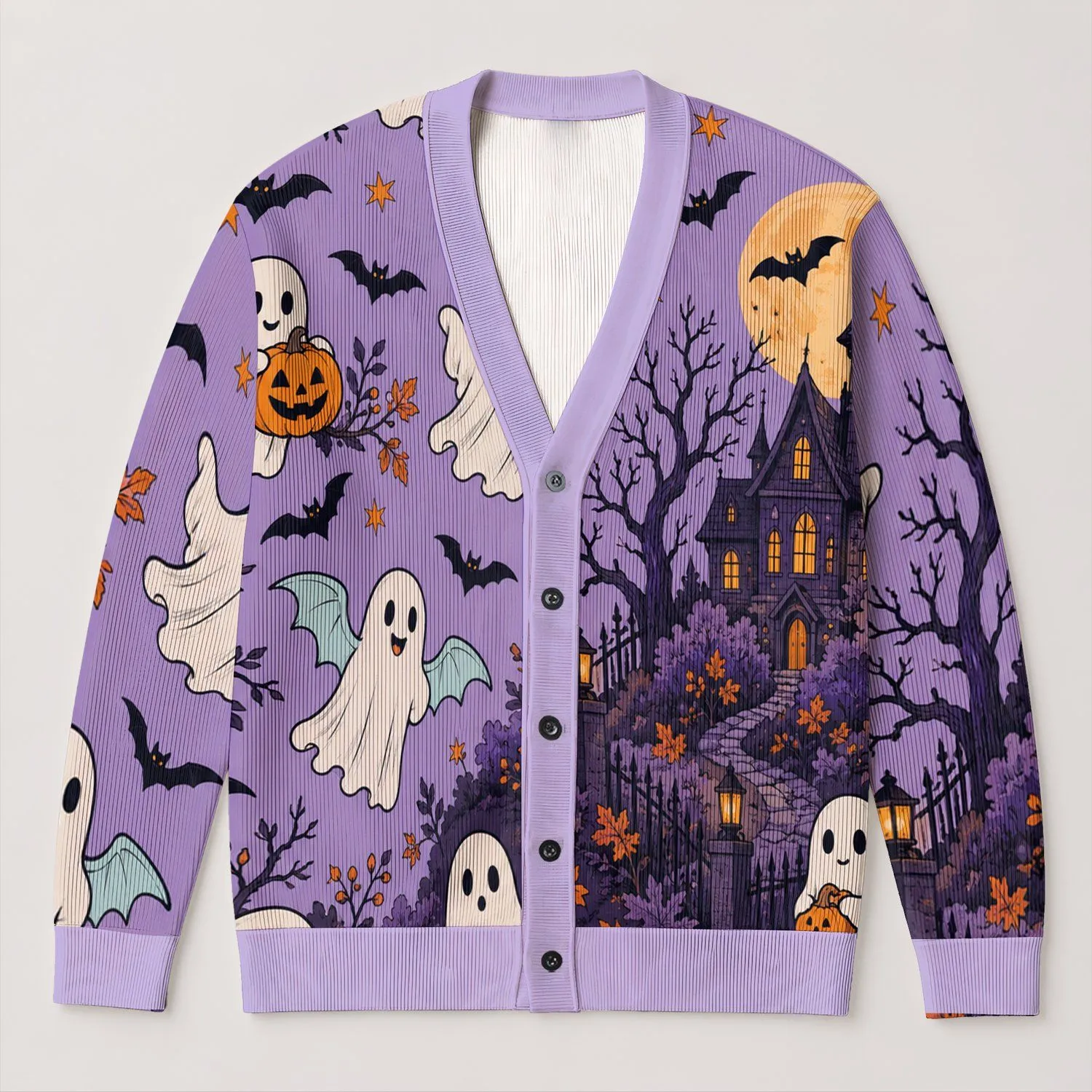 Ghosts And Jack-O’-Lanterns For Playful Halloween Layering And Autumn Outings All-over Print Knitted Cardigan - 1