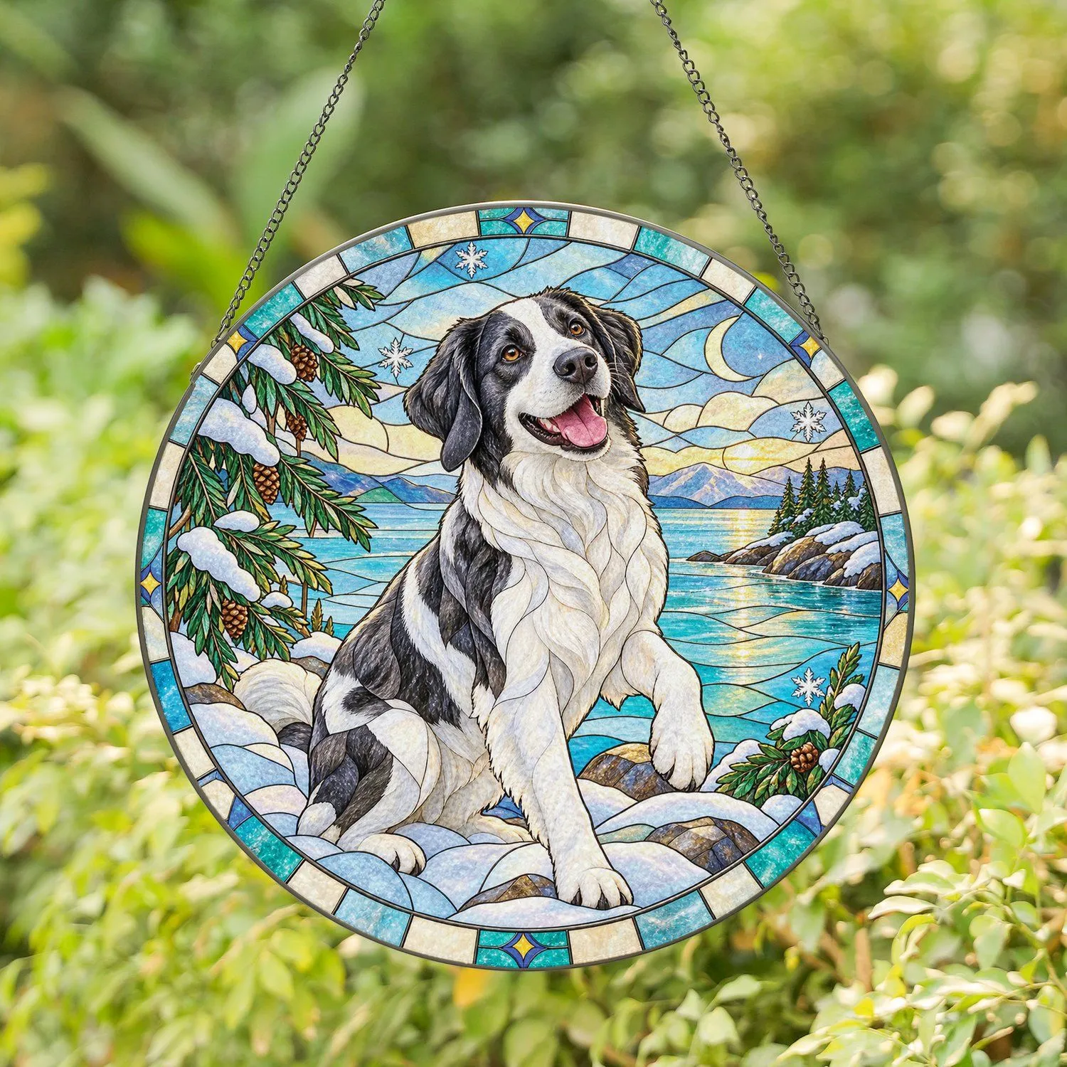 Spotted Dog Memorial Keepsake for Pet Lovers, Winter Lake Companion Portrait Gift Stained Glass Suncatcher - 1