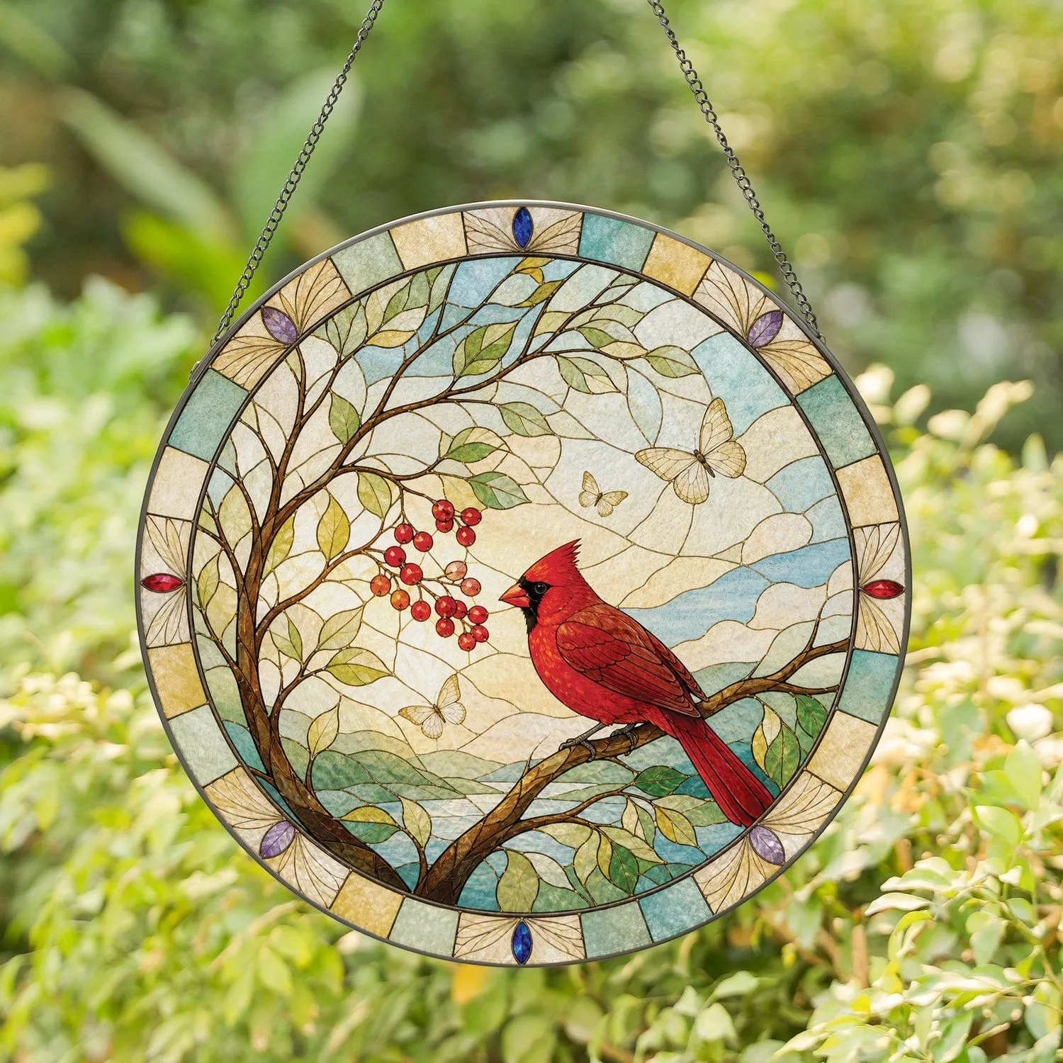 Red Cardinal Memorial Tribute With Loving Memory Theme For Bird Lover Families Everywhere Stained Glass Suncatcher - 1