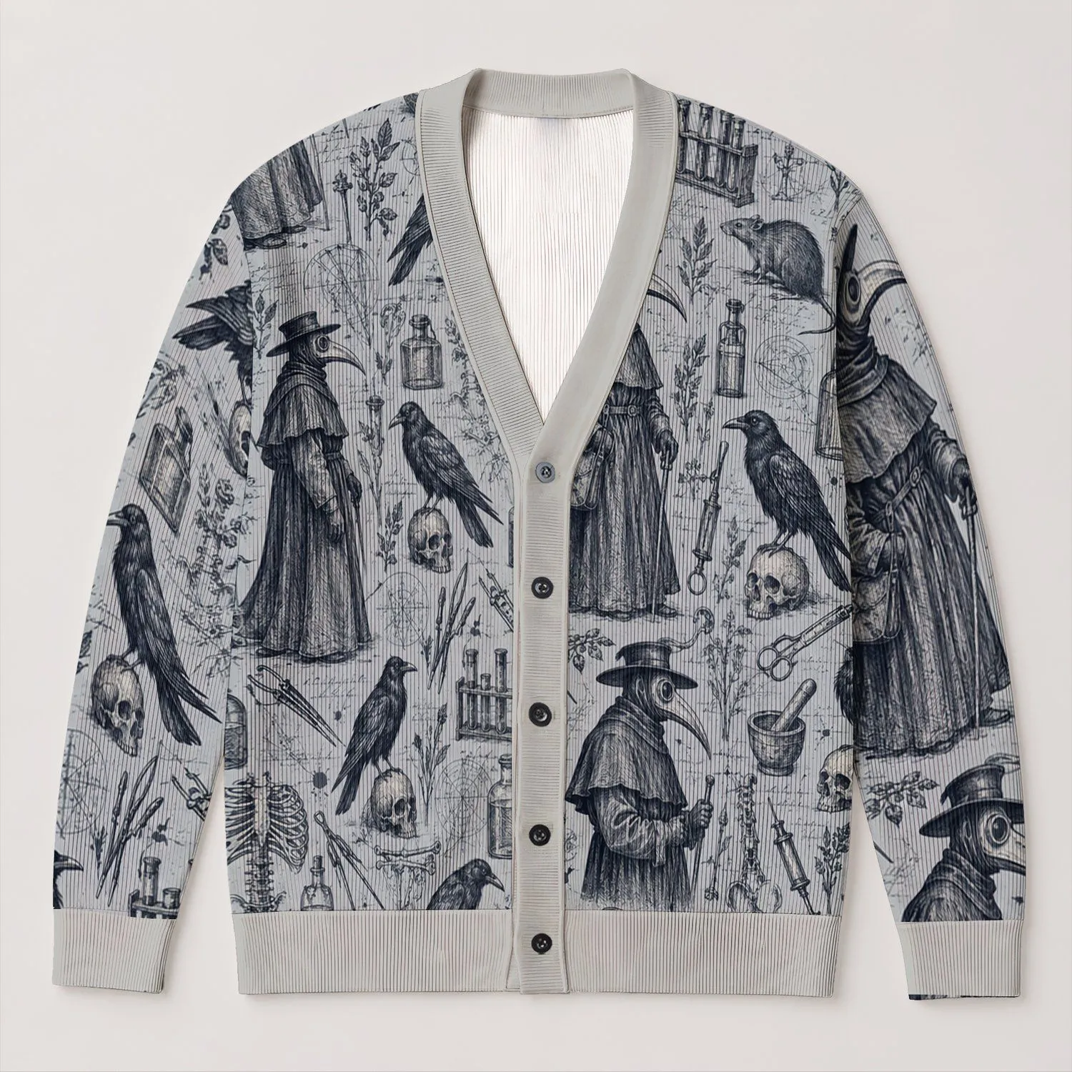 Plague Doctor Raven Medical Sketches for Halloween and Eerie Autumn Layers All-over Print Knitted Cardigan - 1