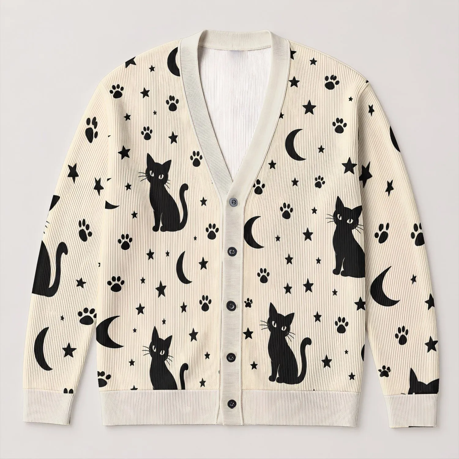 Black Cat Crescent Moon Stars for Cozy Halloween Nights and Everyday Witchy Style All-over Print Knitted Cardigan - 1