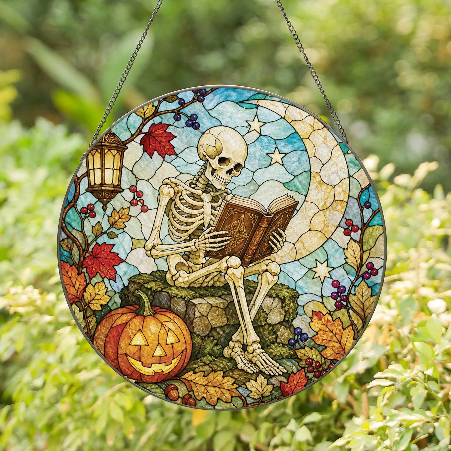Skeleton Reading by a Harvest Moon for Halloween Book Lovers and Autumn Decor Gifts Stained Glass Suncatcher - 1