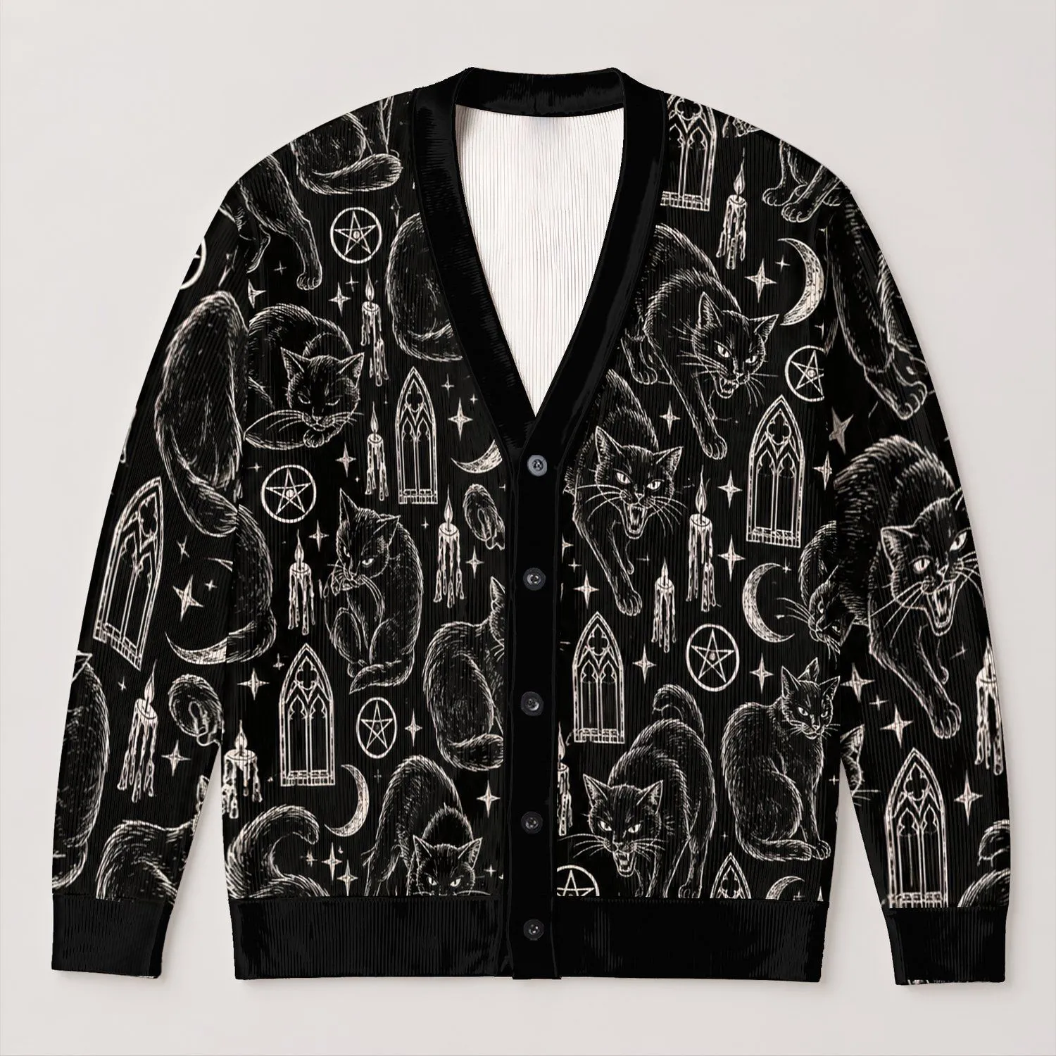 Gothic Black Cat Moon And Pentagram Style For Halloween Night Wear All-over Print Knitted Cardigan - 1
