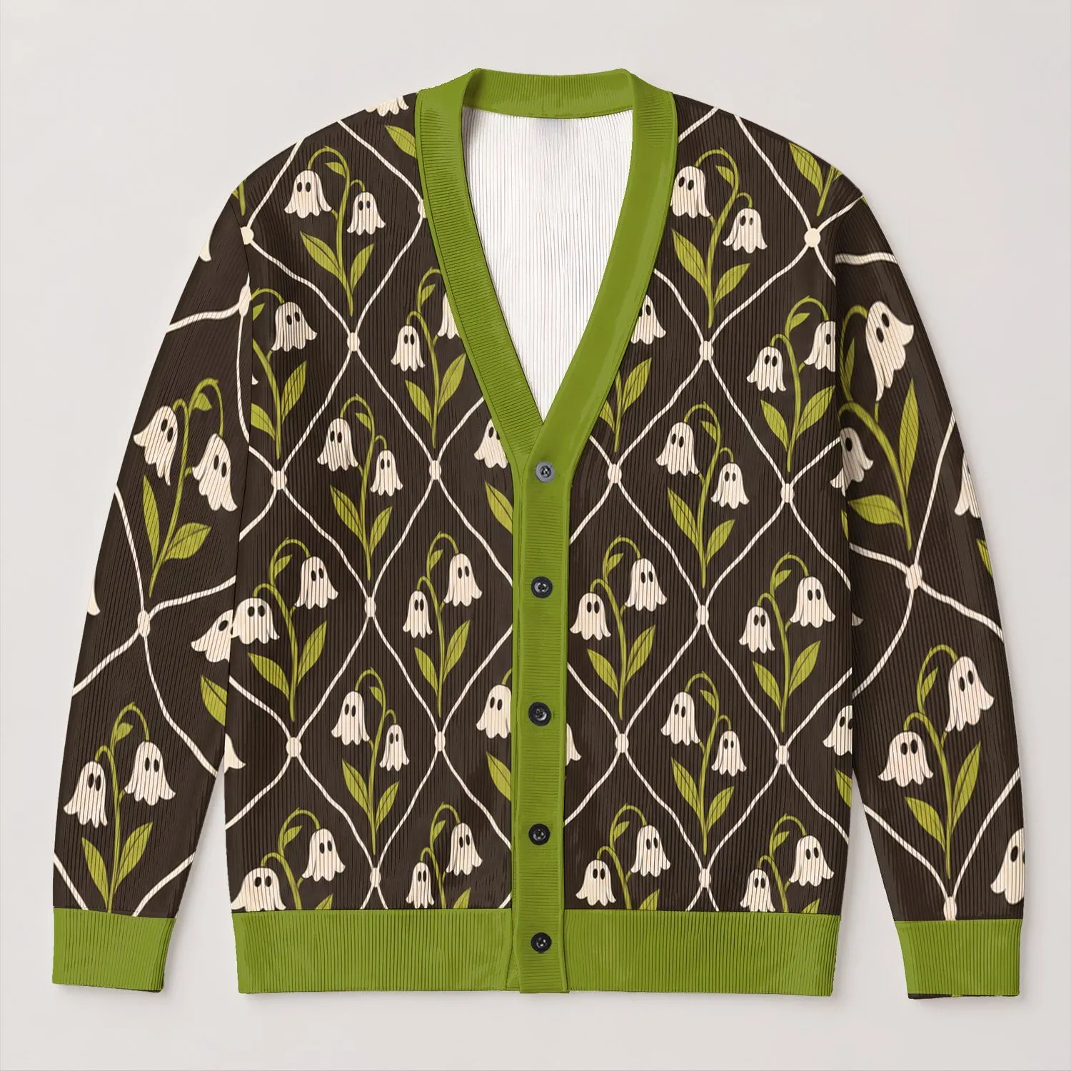 Ghost Bell Flowers for Halloween Layering and Cozy Autumn Outings for Teenagers All-over Print Knitted Cardigan - 1