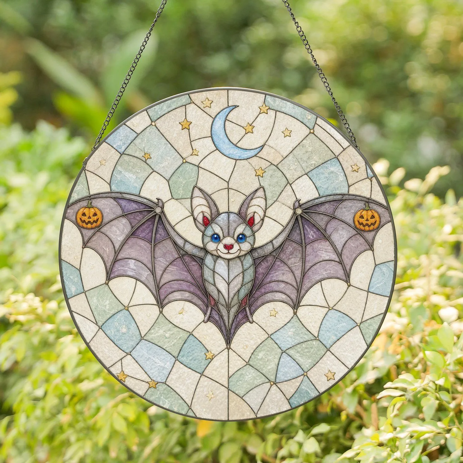 Bat with Jack-o-Lantern Accents for Gothic Halloween Home Decor Stained Glass Suncatcher - 1