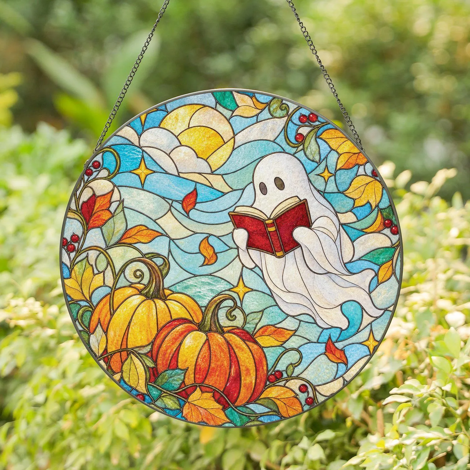 Ghost Reading On Pumpkins For Halloween Autumn Decor And Cozy Book Lover Home Gifts Stained Glass Suncatcher - 1