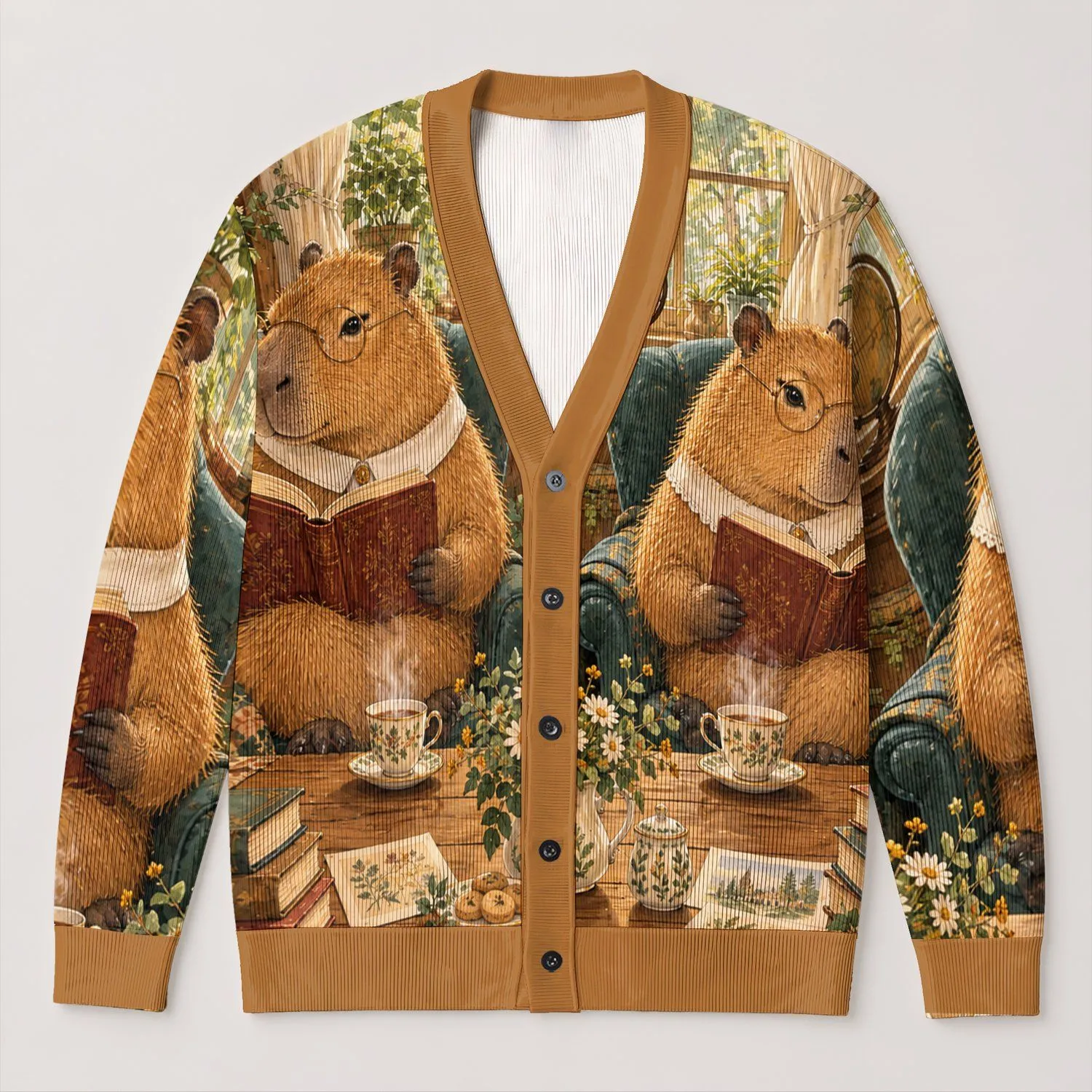 Capybara Readers with Tea for Cozy Autumn Library Study Days and Bookish Teen Style All-over Print Knitted Cardigan - 1