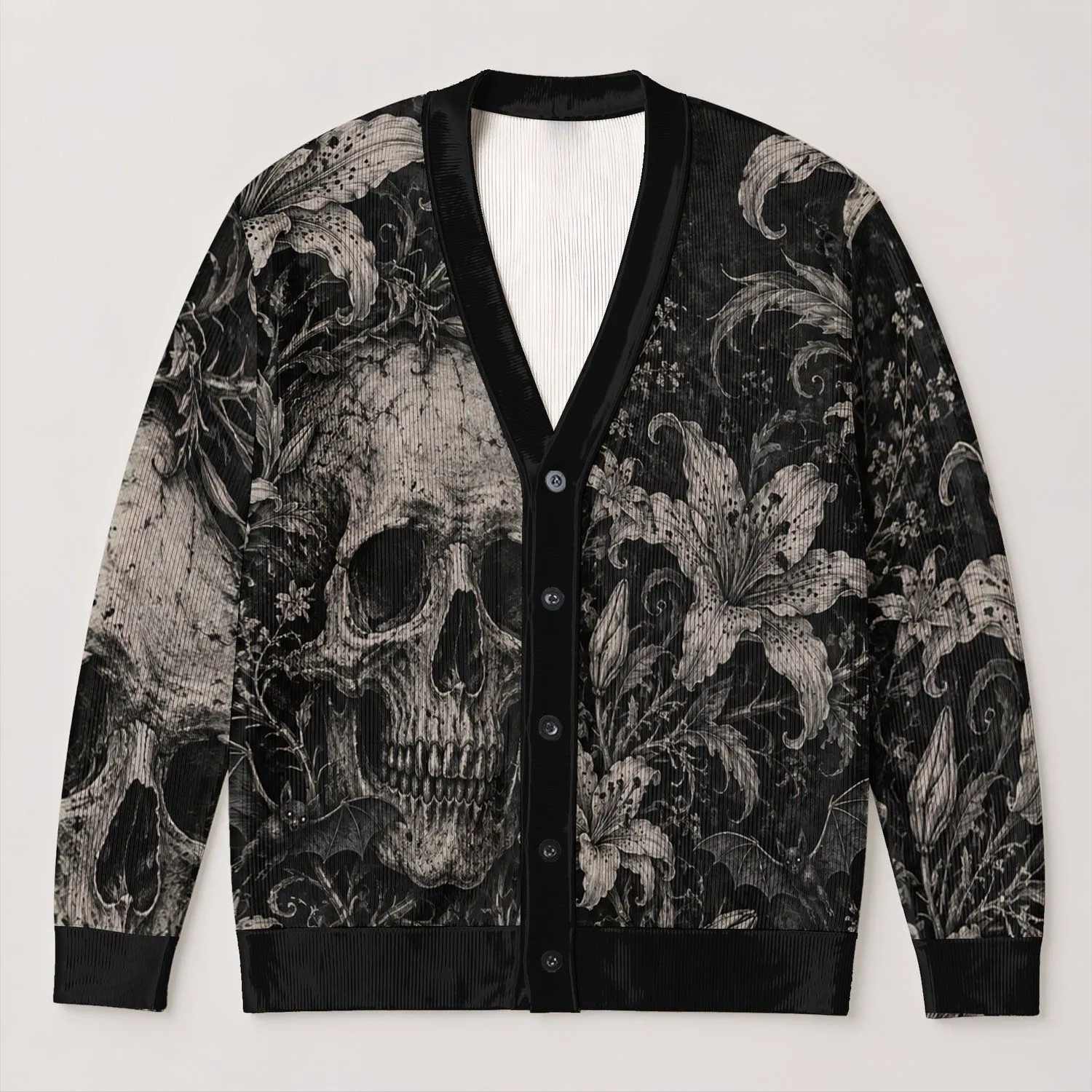 Gothic Skull And Dark Lily Aesthetic For Alternative Halloween Layering For Teens All-over Print Knitted Cardigan - 1