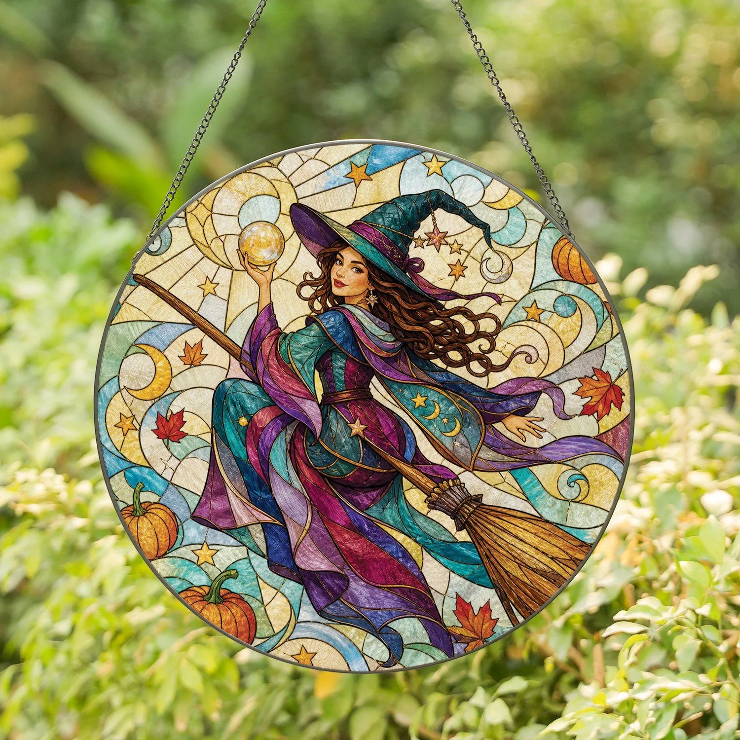 Moonlit Witch on Broom for Halloween Decor, Enchanted Gift for Witchy Home Lovers Stained Glass Suncatcher - 1