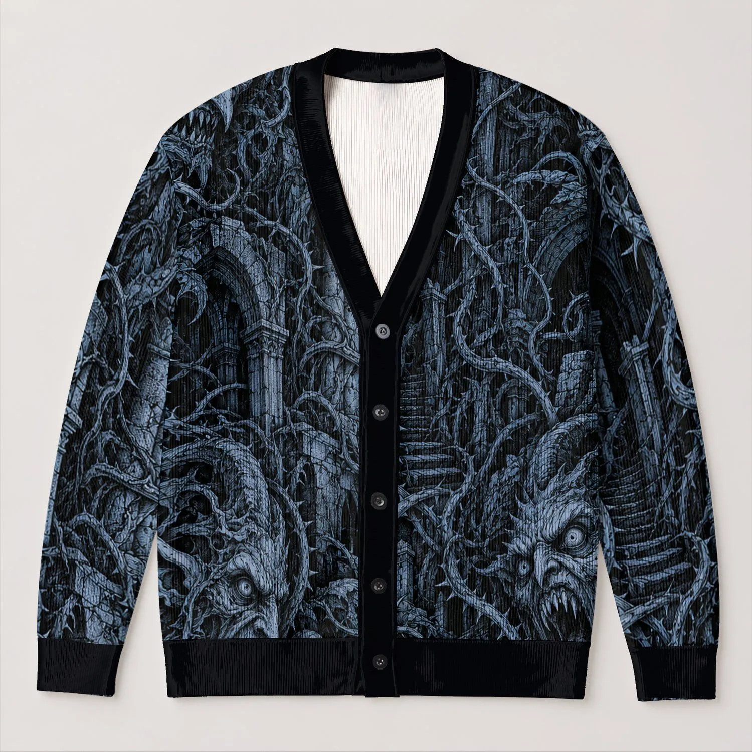 Blue Demon Faces and Twisting Vines for Halloween Night and Dark Gothic Style All-over Print Knitted Cardigan - 1