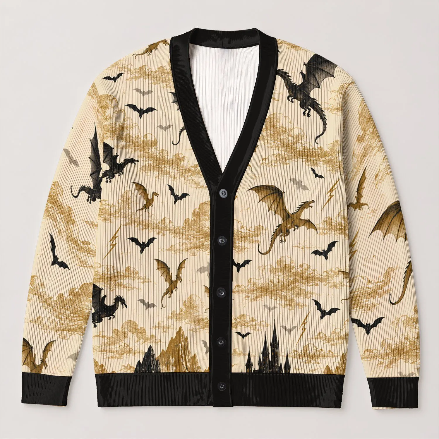 Vintage Dragon and Castle Halloween Scene for Spooky Fall Layering Style Teens All-over Print Knitted Cardigan - 1
