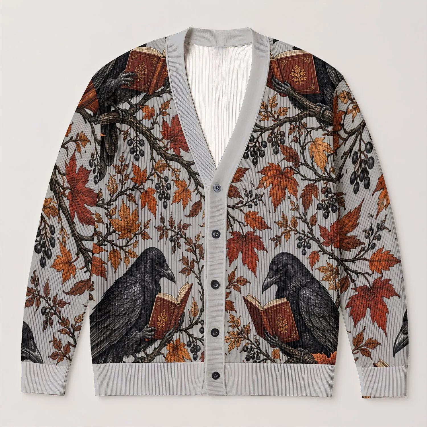 Autumn Crows Reading Books Among Maple Leaves for Cozy Halloween Fall Days Outdoors All-over Print Knitted Cardigan - 1
