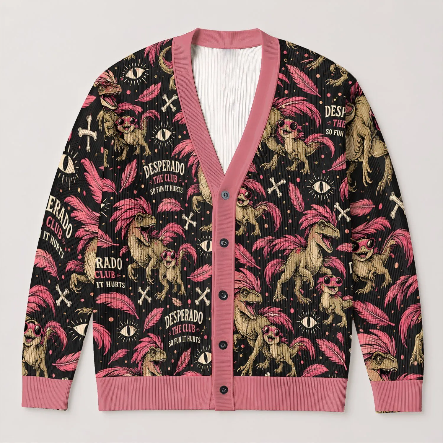 Pink Punk Dinosaur Duo Retro Style for Everyday Casual Layering Teen Girls All-over Print Knitted Cardigan - 1