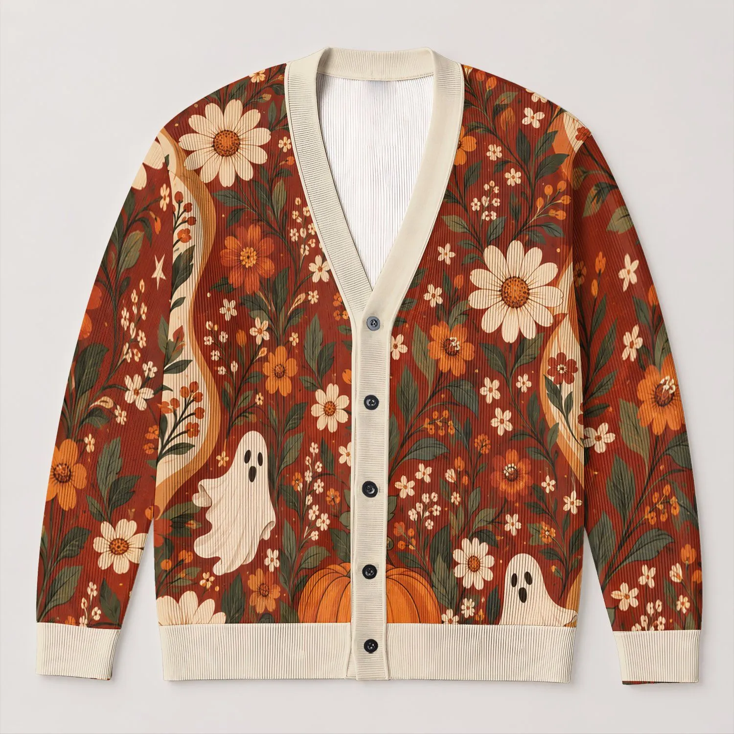 Pumpkin Ghosts and Daisies for Cozy Halloween Autumn Style All-over Print Knitted Cardigan - 1