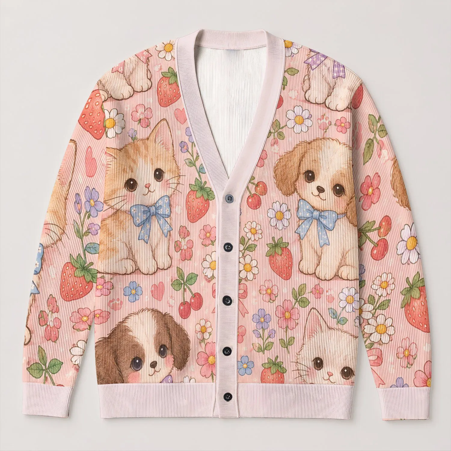 Kawaii Puppy And Kitten Pastel Flowers For Cozy Fall Days And Cute Casual Style All-over Print Knitted Cardigan - 1
