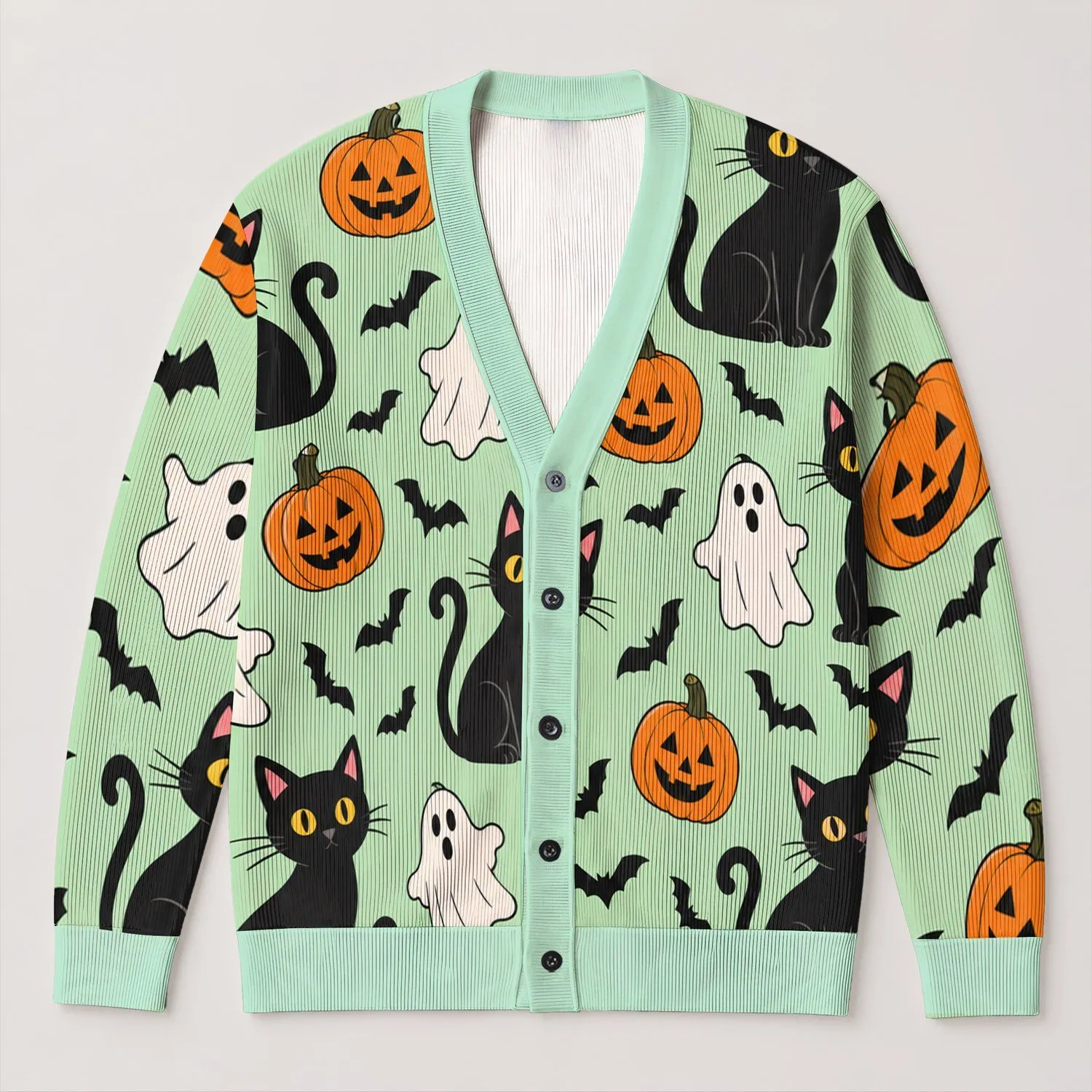 Halloween Black Cats, Bats, Ghosts And Pumpkins For Cozy October Nights Out All-over Print Knitted Cardigan - 1