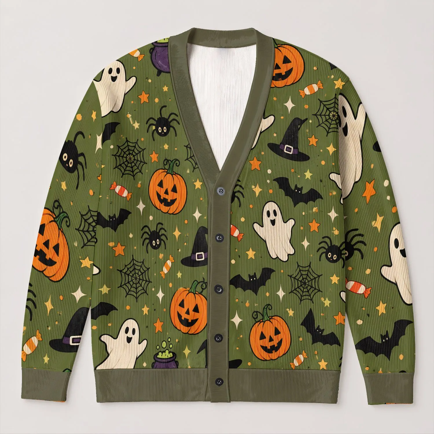 Ghosts, Pumpkins, Bats And Black Cats For Halloween Season Layering All-over Print Knitted Cardigan - 1