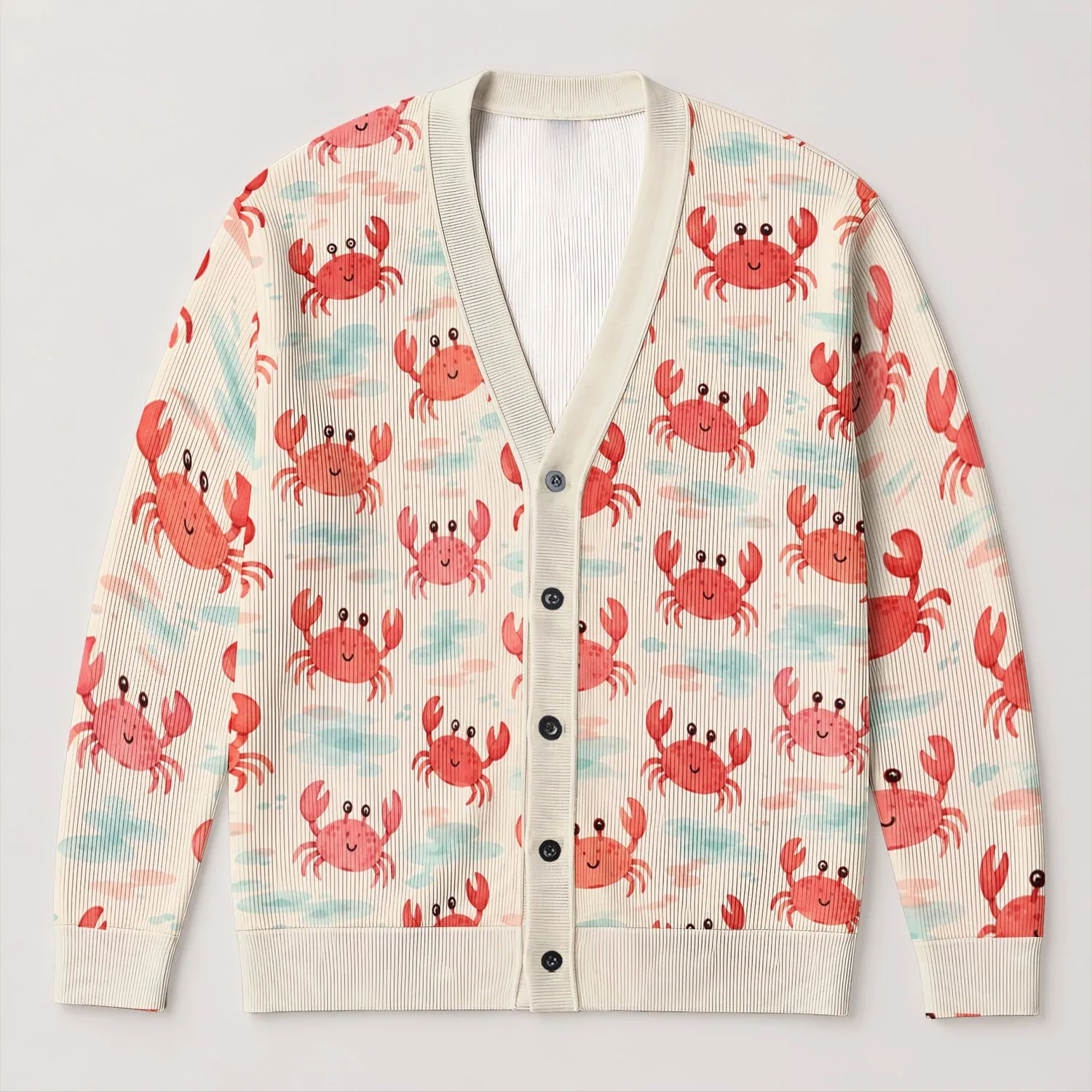 Smiling Red and Pink Crabs for Playful Coastal Autumn Layering, Beach Lover Gift All-over Print Knitted Cardigan - 1