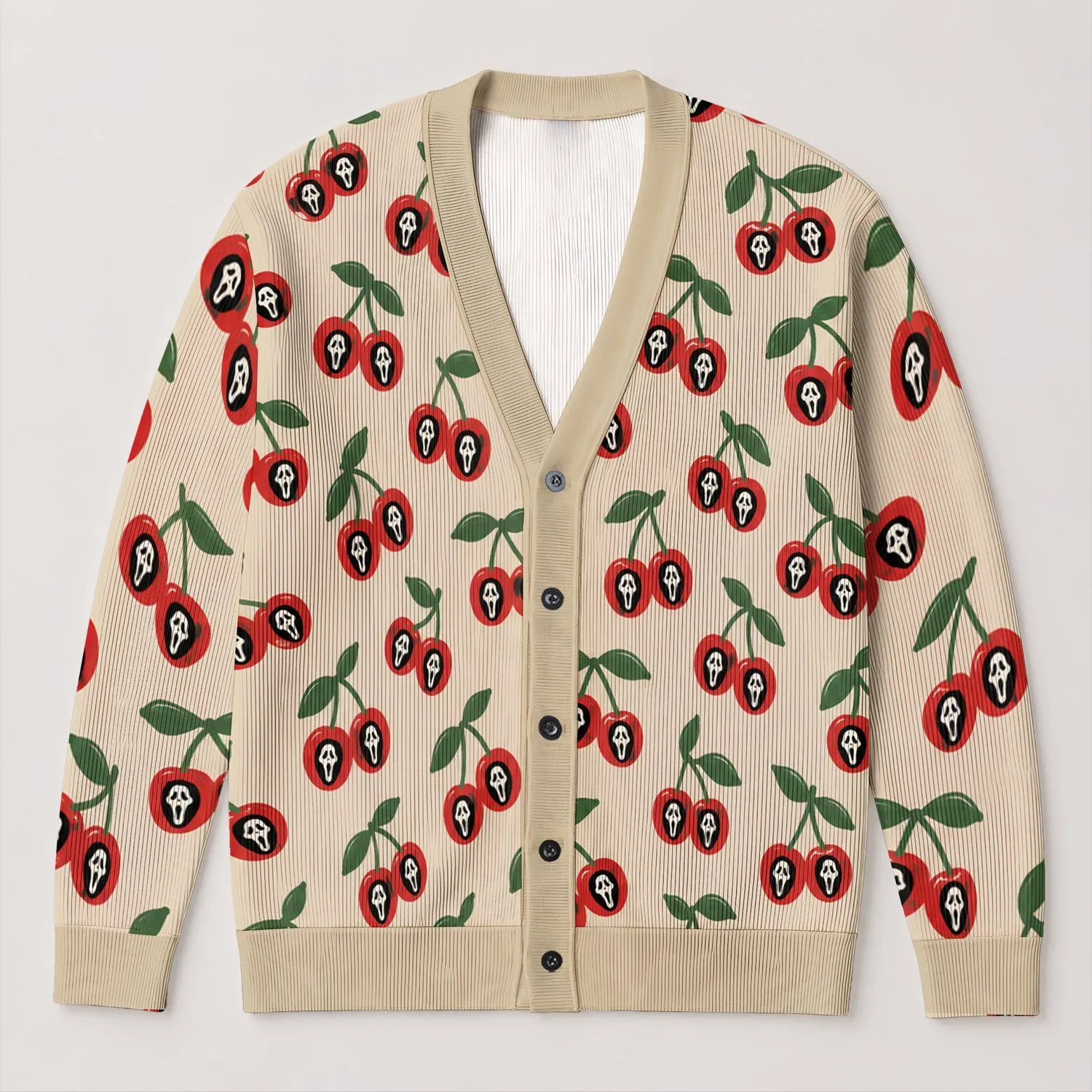 Spooky Cherry Motifs for Cozy Autumn Outings and Everyday Layering for Women All-over Print Knitted Cardigan - 1