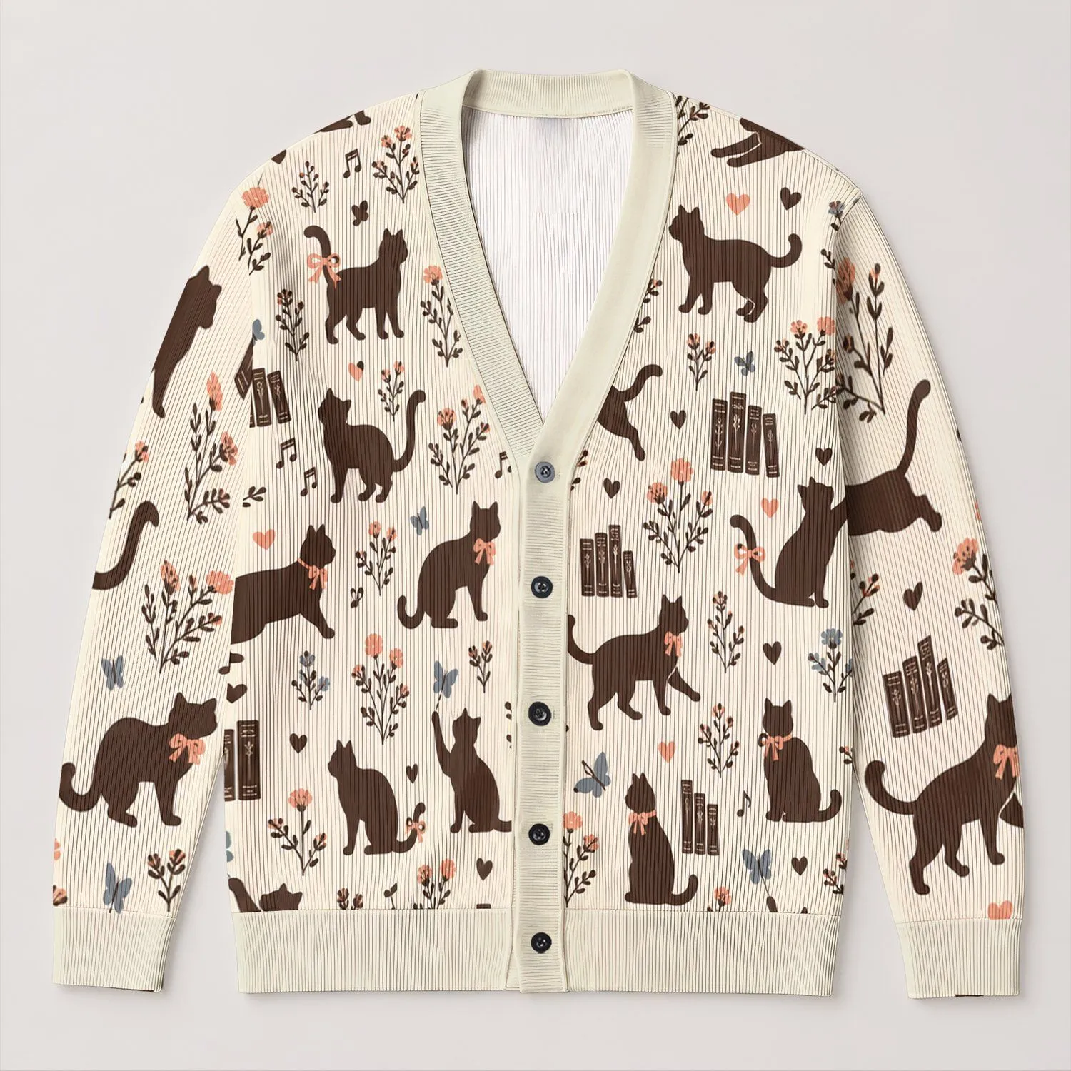 Vintage Brown Cats And Wildflowers For Cozy Autumn Days And Bookish Everyday Style All-over Print Knitted Cardigan - 1
