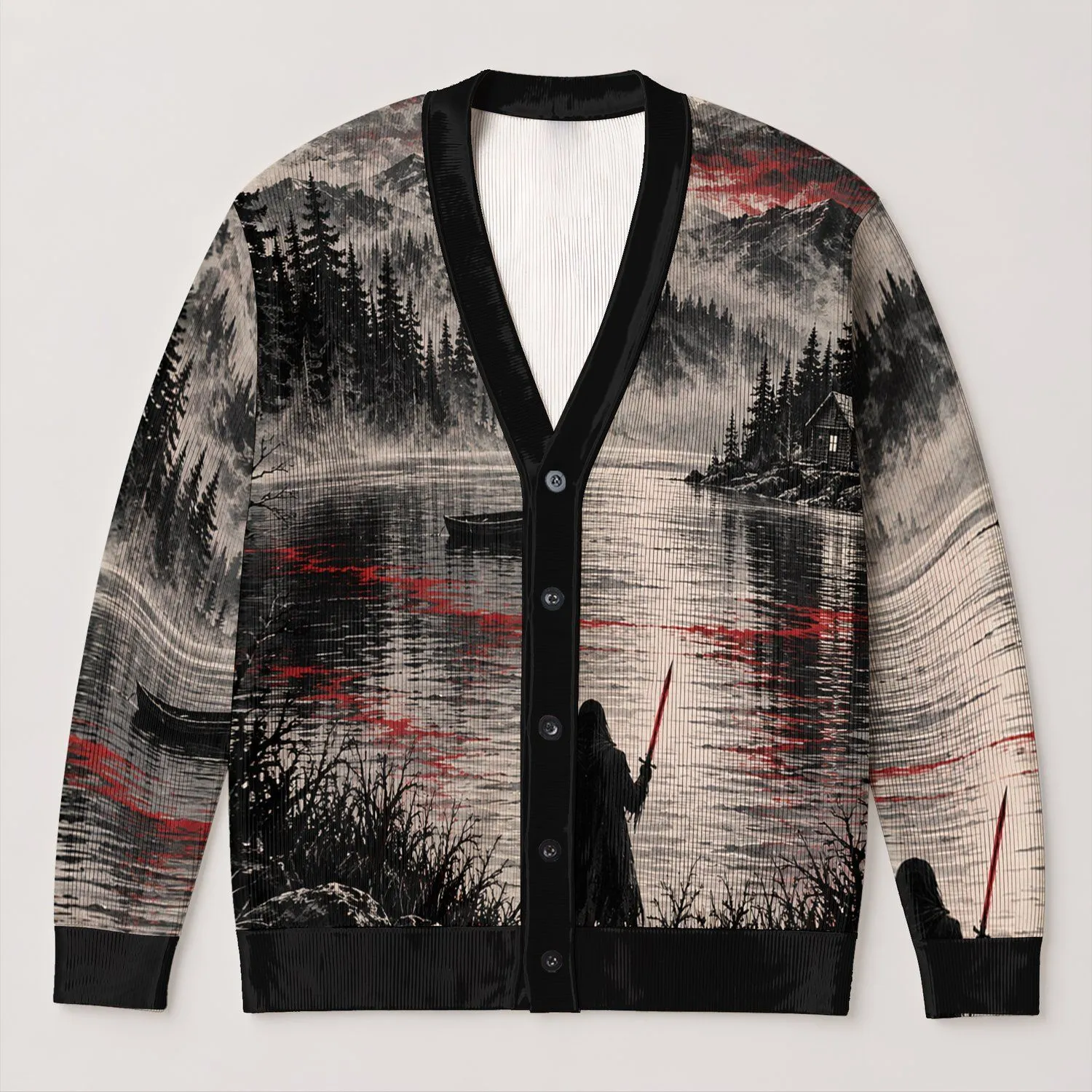 Friday the 13th Lake Cabin Horror Scene for Halloween Night Adventures All-over Print Knitted Cardigan - 1