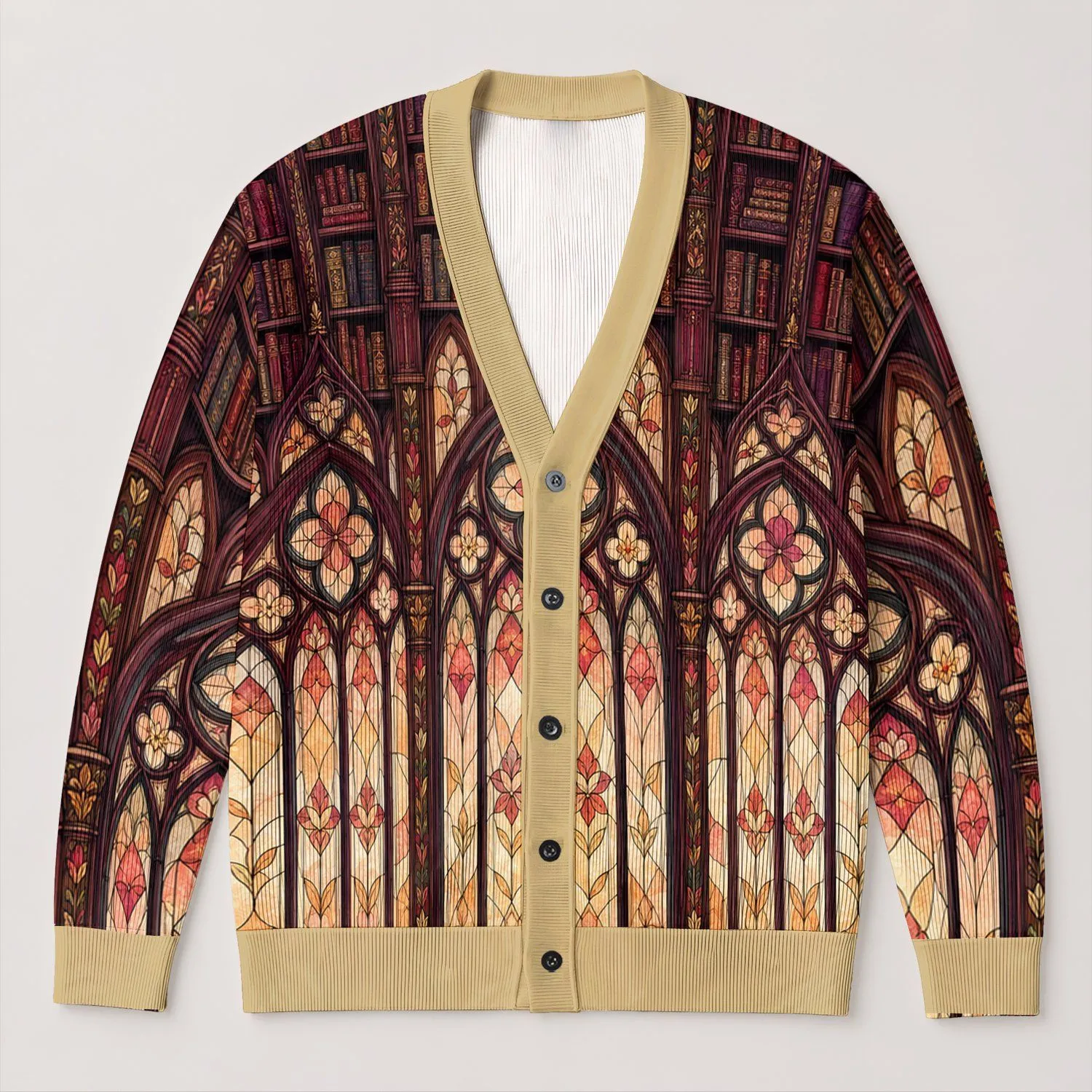 Vintage Library Stained Glass Windows for Back-to-School Reading Style for Students All-over Print Knitted Cardigan - 1