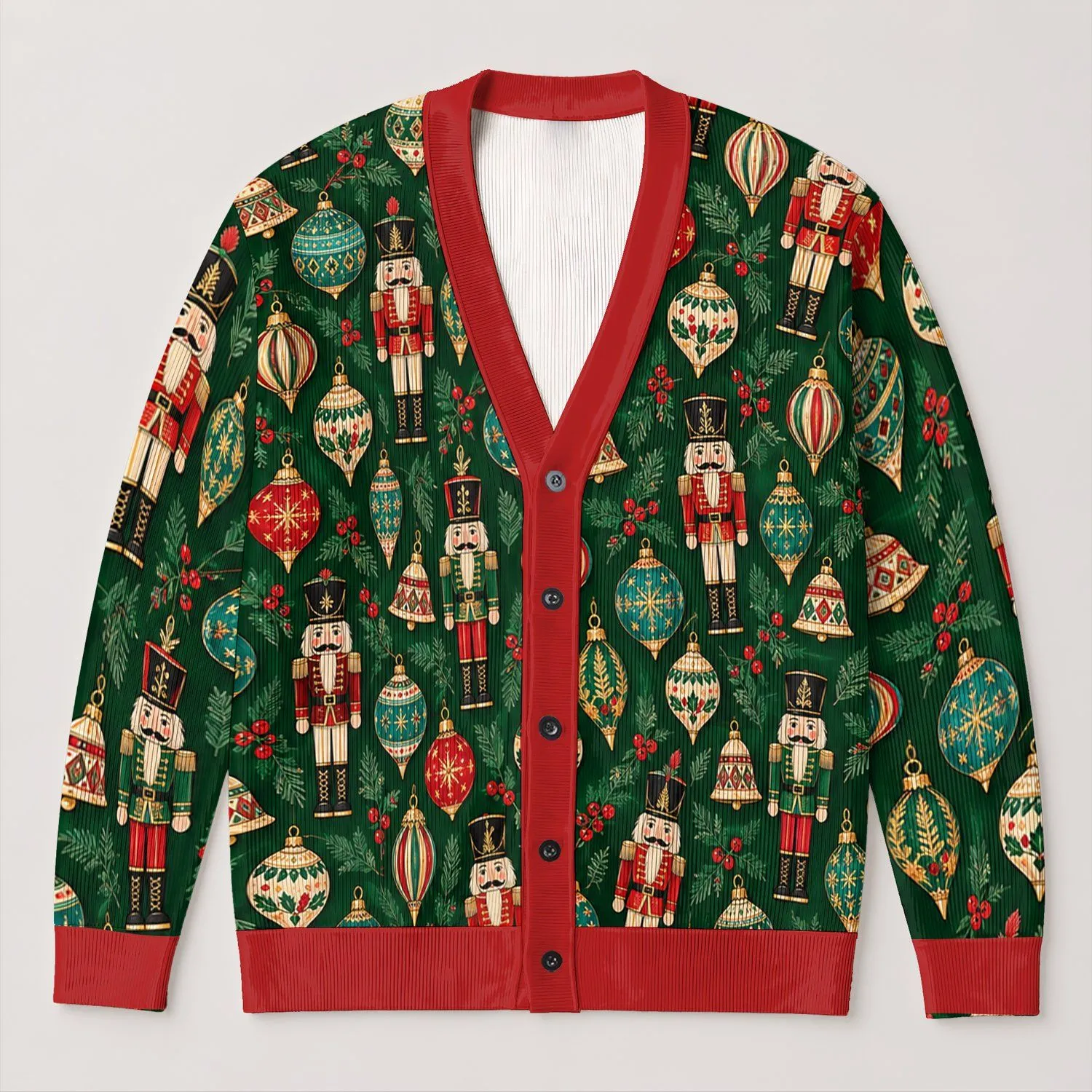 Nutcracker Soldiers and Bauble Bells for Festive Holiday Layering Teens All-over Print Knitted Cardigan - 1