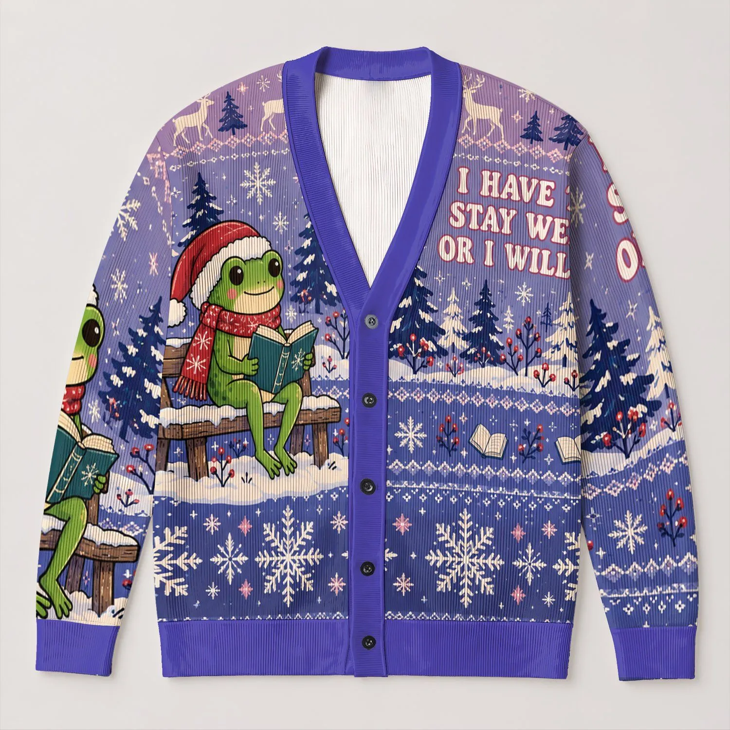 Reading Frog and Snowflake Motifs for Cozy Winter Days and Bookish Teen Style All-over Print Knitted Cardigan - 1