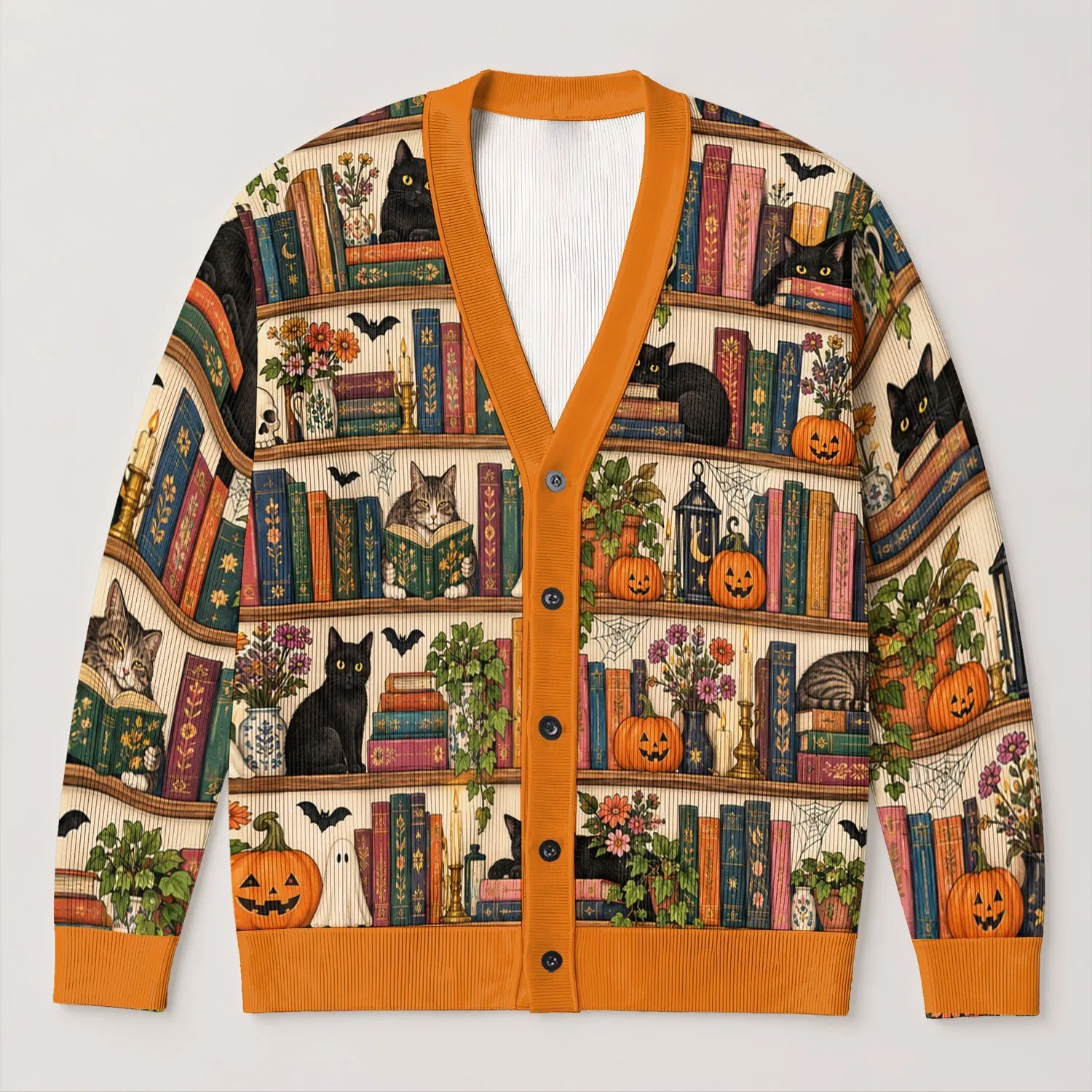 Halloween Bookshelf Cats and Pumpkins for Cozy Autumn Reading Nights All-over Print Knitted Cardigan - 1