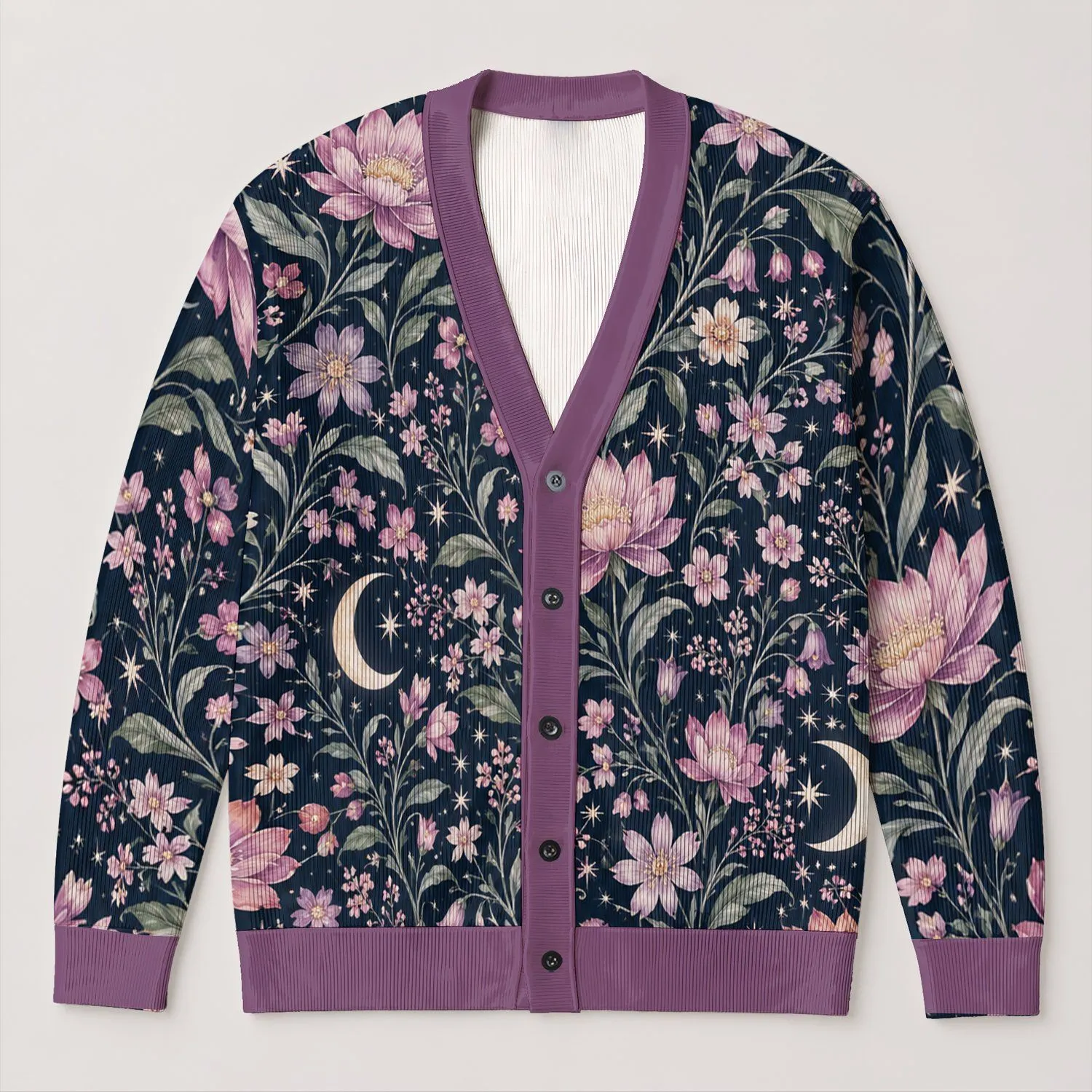 Crescent Moon Wildflower Night Garden for Cozy Autumn Everyday Layering Teens Style All-over Print Knitted Cardigan - 1