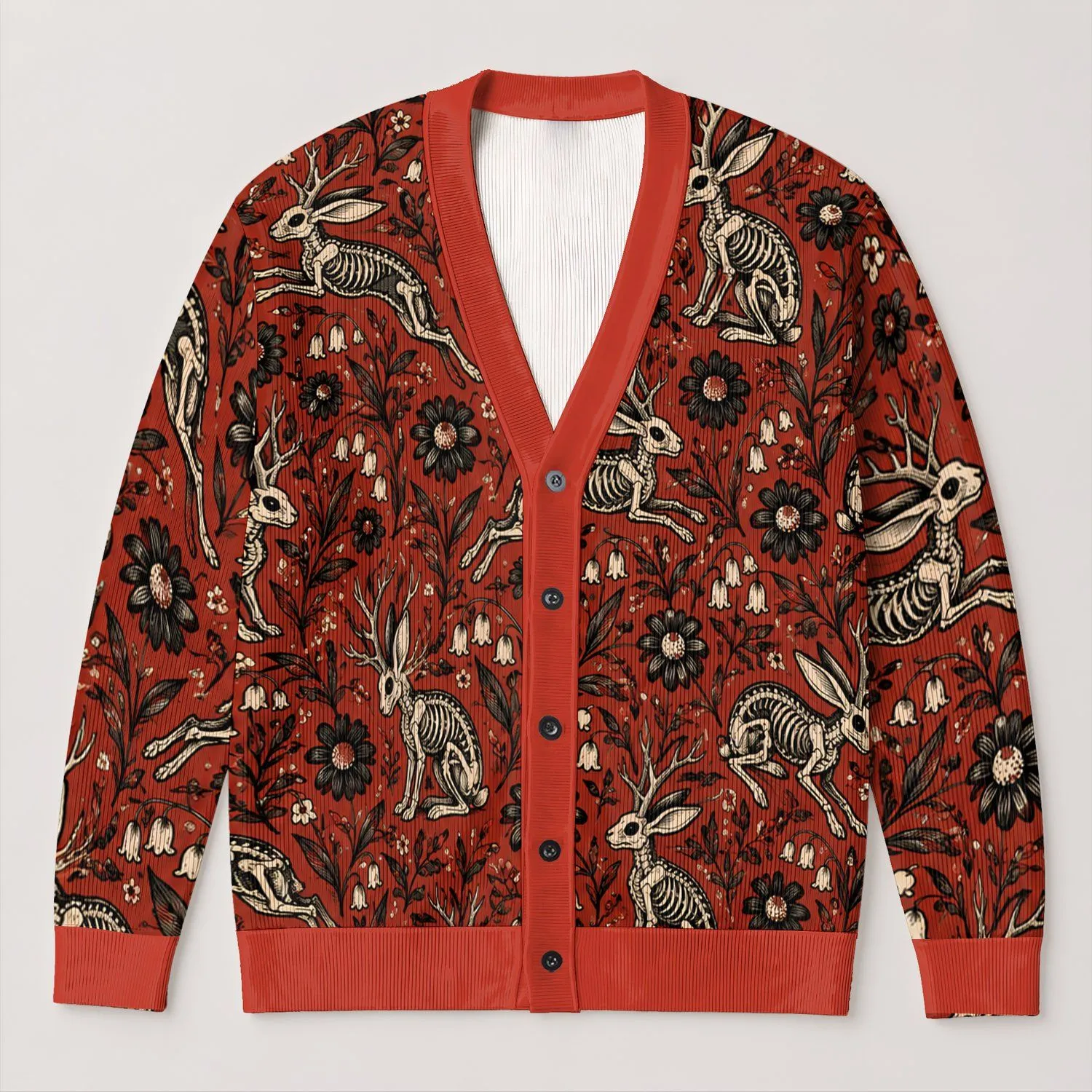 Skeleton Jackalope Floral Gothic for Autumn Outings and Everyday Layering Casual Wear All-over Print Knitted Cardigan - 1