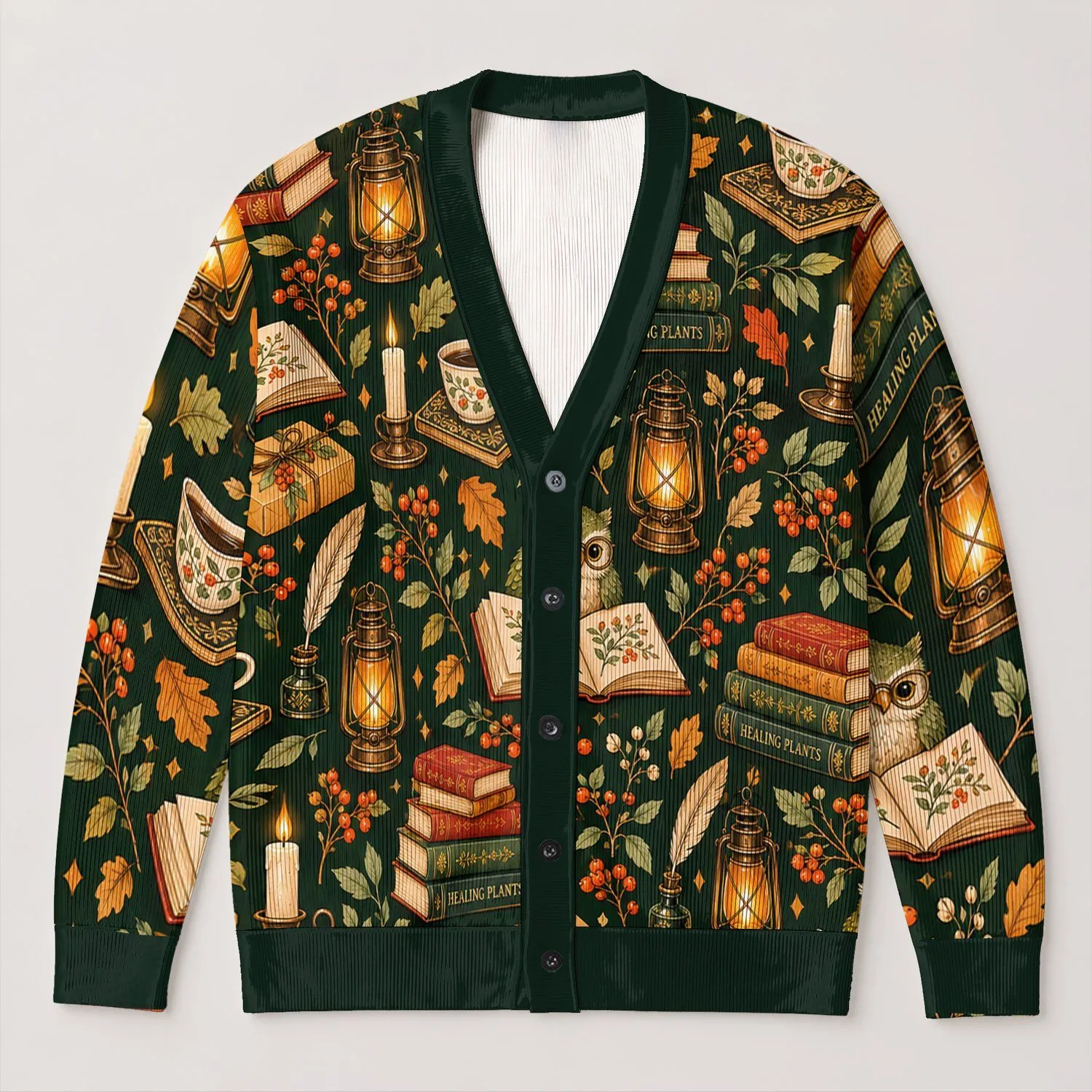 Autumn Reading Books, Candlelight And Coffee For Cozy Study Evenings And Booklover Gifts All-over Print Knitted Cardigan - 1