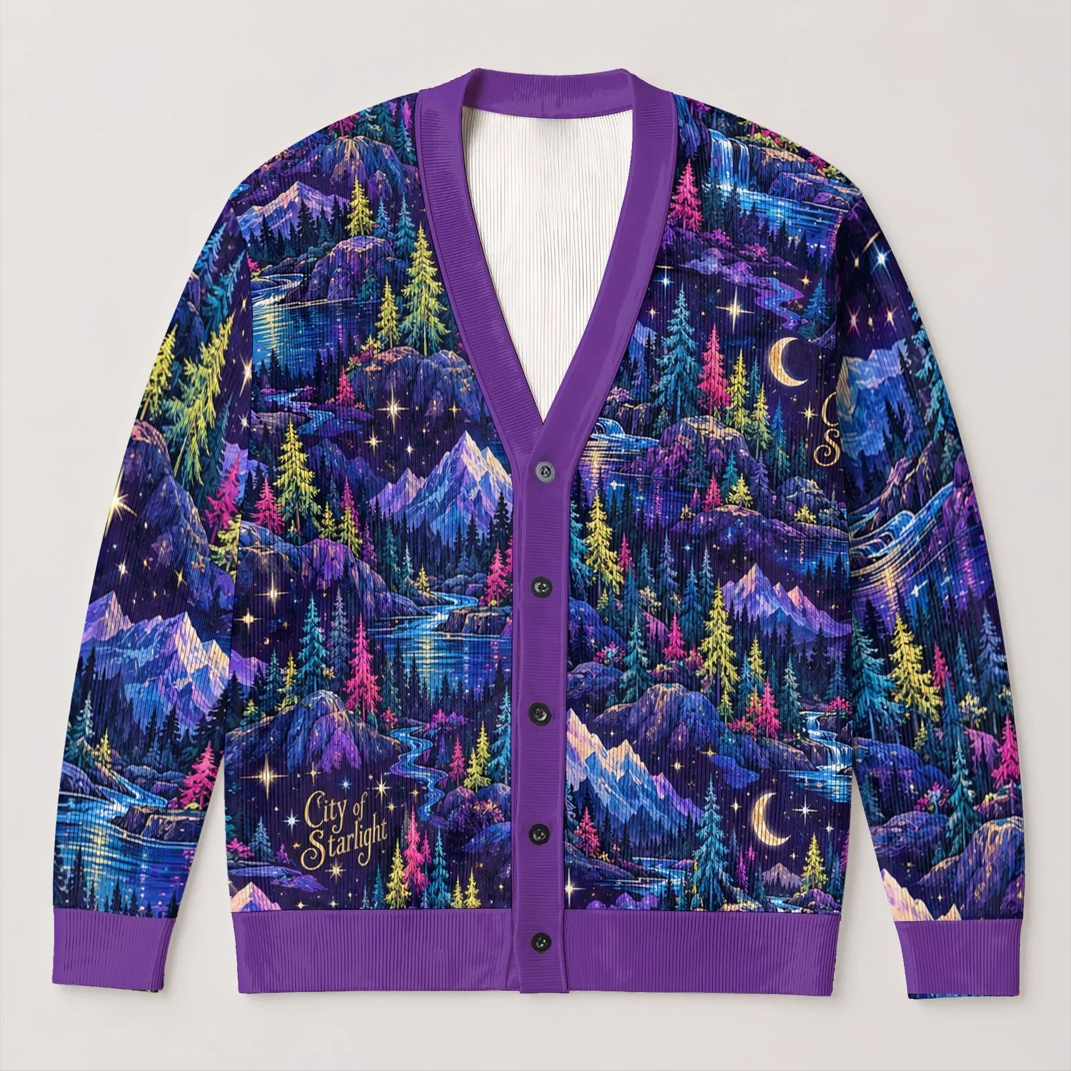 Neon Moonlit Mountain Forest Scenery for Dreamy Stargazing and Everyday Layering All-over Print Knitted Cardigan - 1